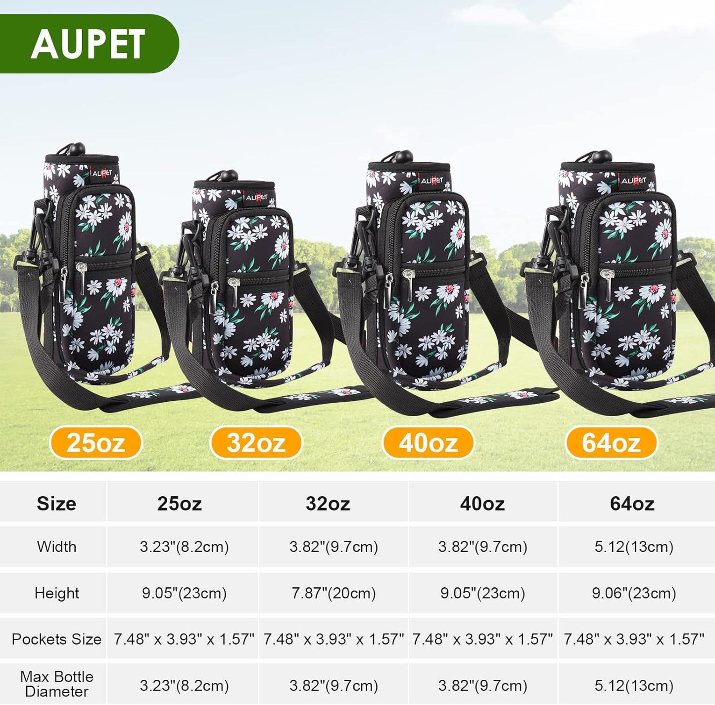 AUPET Water Bottle Sling Bag Sleeve Holder Carrier 25/32/40/64 oz,Insulated Crossbody Water Bottle Case Cover with Strap and Pockets for Men/Women Walking Hiking