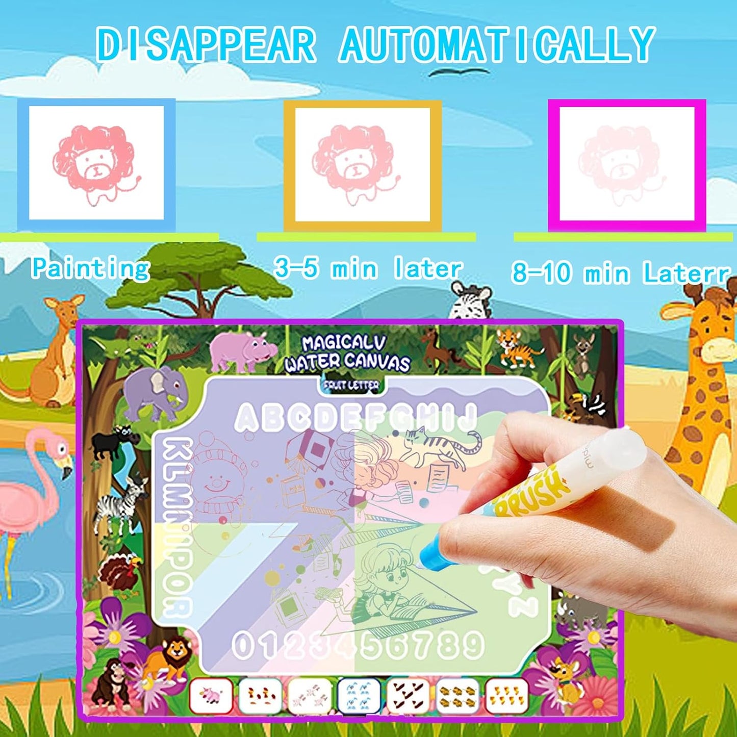 Water Doodle Mat - Magic Water Drawing Mat with Stamps, Roller & Backpack Big Enough Space for 2-3 Kids to Draw Together | No Mess Travel Toy Gift for 3 4 5 6 7 8 Year Old Girls Boys