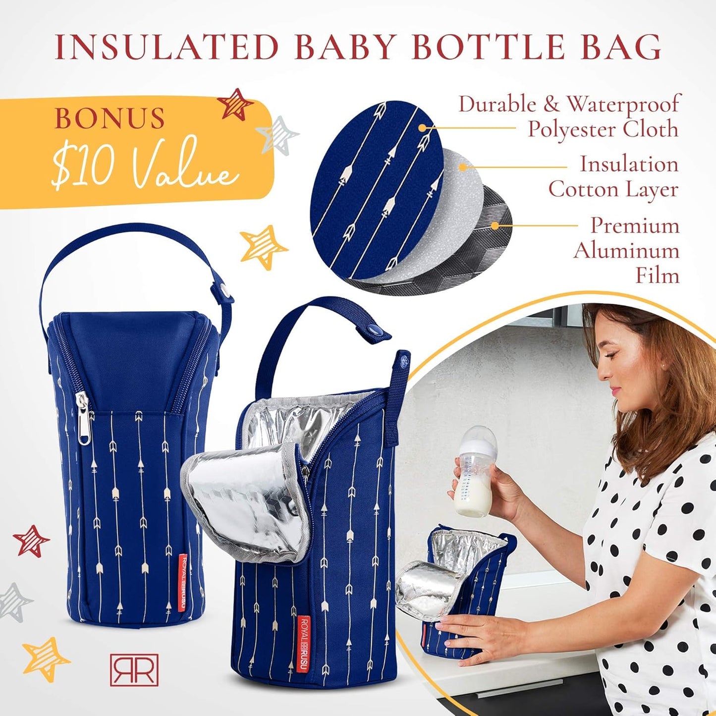 Portable Diaper Changing Pad Waterproof – B0NUS Insulated Baby Bottle Bag, 2-in-1 Diaper Clutch and Changing Mat, Wipe Clean Portable Changing Pad with Built-in Head Cushion (Dark Blue)