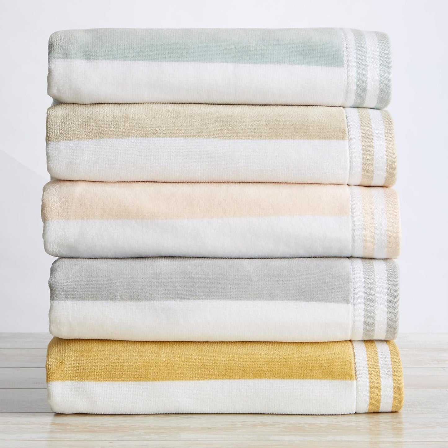 Great Bay Home 100% Cotton Velour 4 Pack Beach Towels 30" x 60" - Light Blue Cabana Stripe Pool Towels - Quick Dry, Large Swim Towels