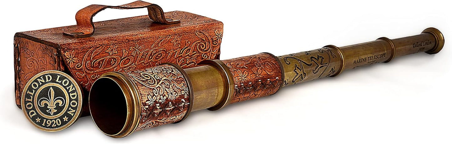 RII Antique Decor Spyglass, Pirate Telescope with Leather Case, Handheld Telescope for Adventure Enthusiasts, Monocular Nautical Decor for Gifting, Travellers, Dolland London, 17.5"