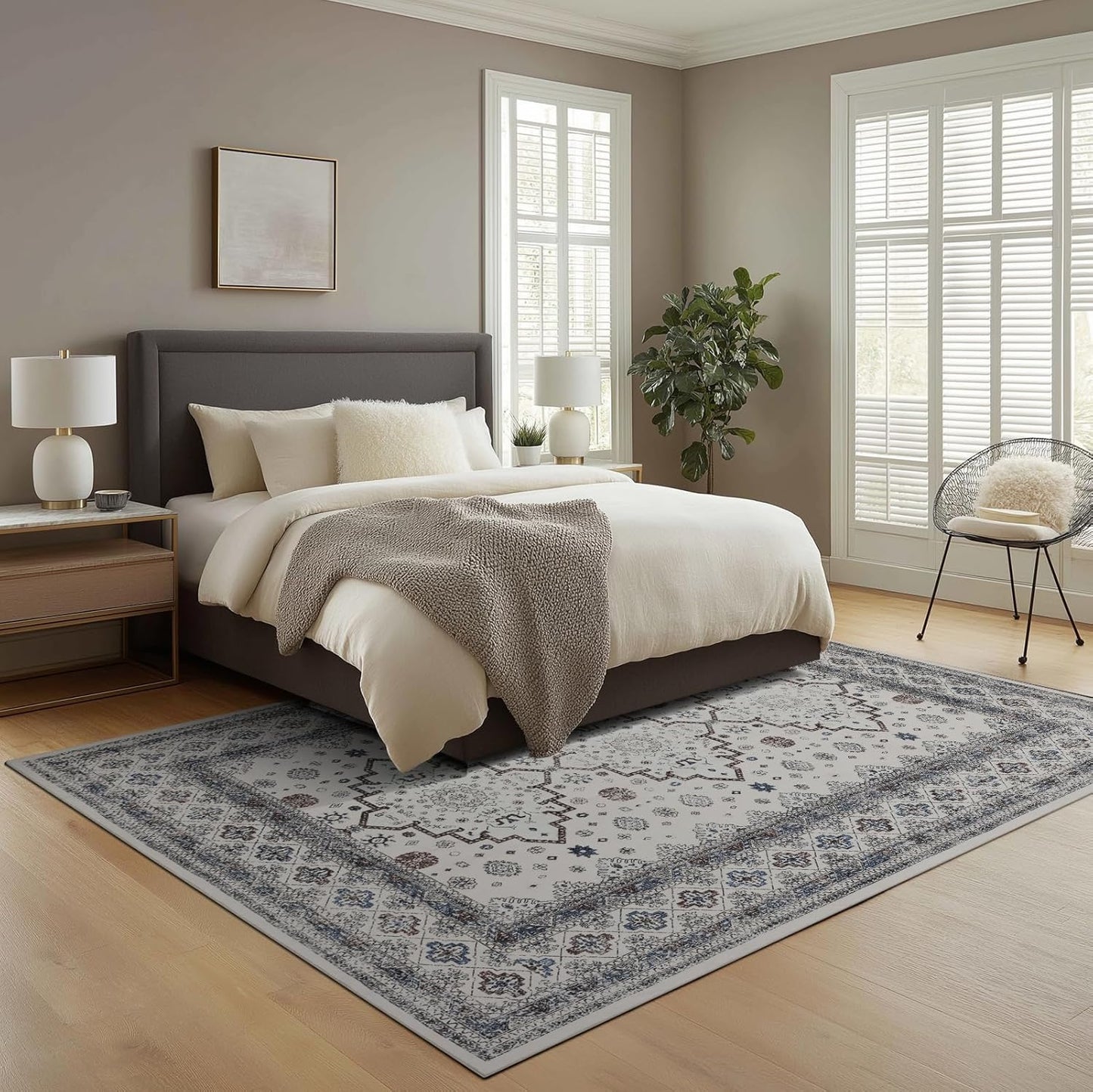 9x12 Area Rug Living Room Rugs, Stain Resistant Washable Rug, Vintage Large Non-Slip Backing, Low Pile Lightweight Print Rug for Bedroom Dinning Room Home Office (White Cream/Gray)