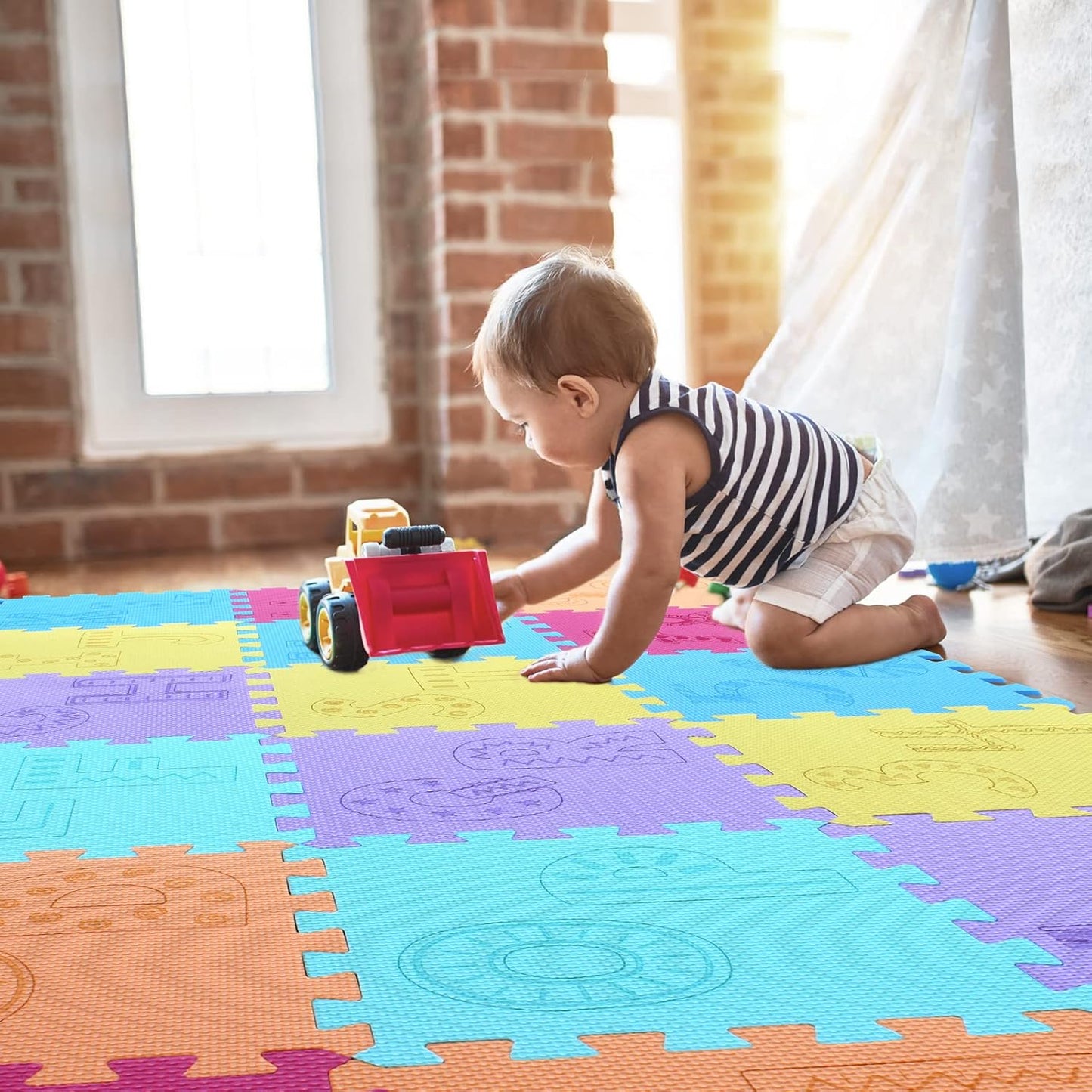 qqpp EVA 18 Tiles Baby Play Mat for Playing, Interlocking Foam Floor Mats for Tummy Time & Crawling, Puzzle Flooring Tiles with Alphabet & Numbers Laser Pattern for Kids. QL-99(BEGHIK) b18N