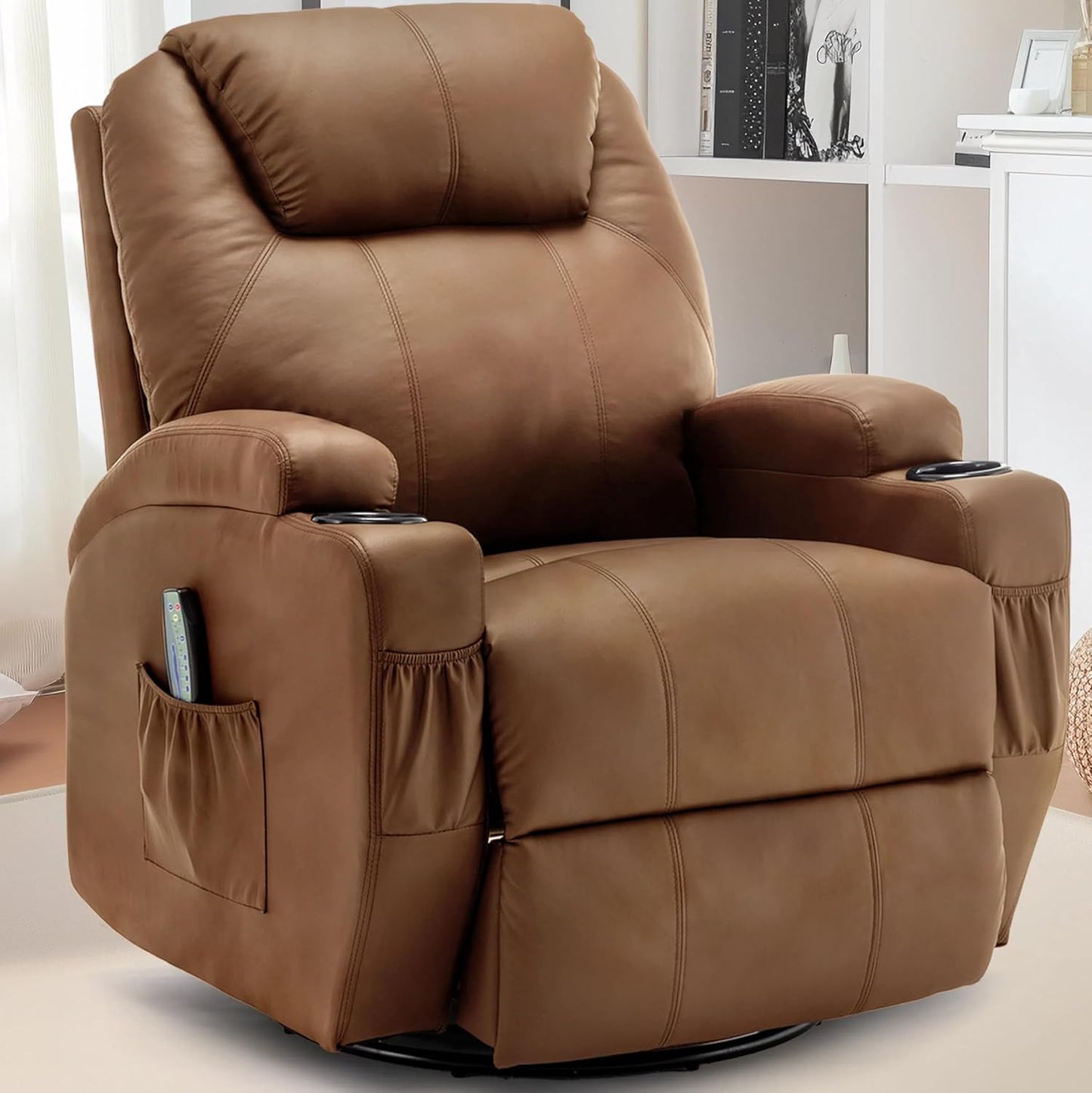 Recliner Chair, Rocking Chair with Massage and Heat, 360° Swivel Recliner Chairs for Adults, Rocker Manual Recliner with Remote Control and Cup Holder for Living Room, Bedroom, Nursery
