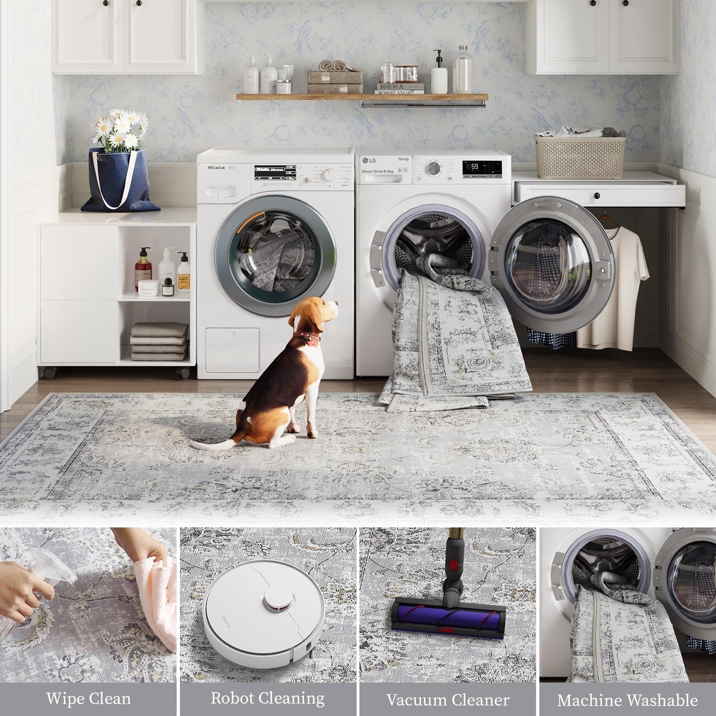 jinchan Hallway Runner Rug 3x7 Machine Washable Runner Rug Grey Vintage Floral Design Non-Slip Low Pile Ultra-Thin for Kitchen Laundry Room Bedroom Farmhouse (3‘x7',Grey)