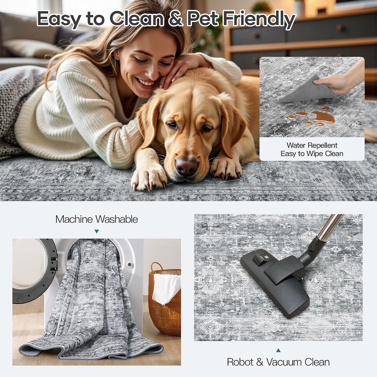 Lofus 8x10 Area Rug for Living Room,Grey Washable Large Rugs with Non-Slip Backing,Soft Neutral Carpets for Bedroom Dining Room Home Office Indoor Nursery