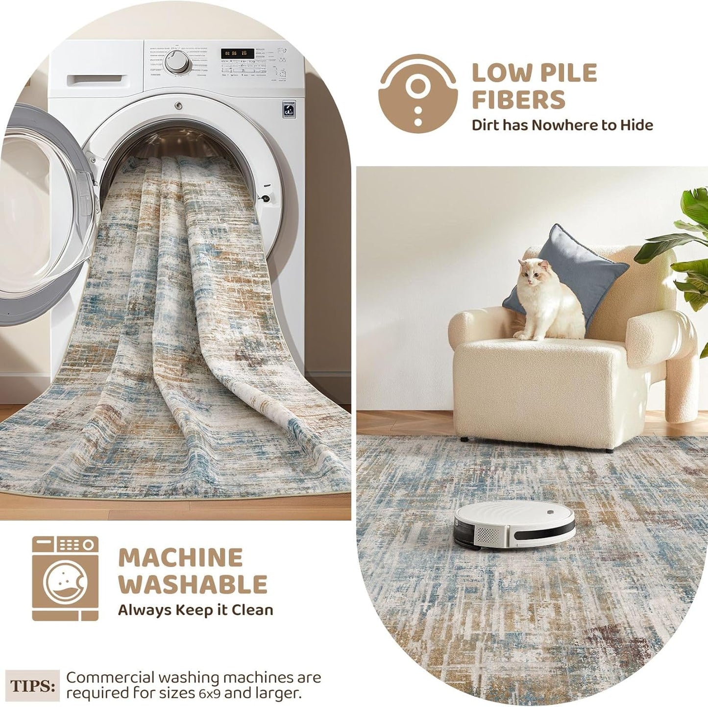 Area Rug for Living Room: 4x6 Washable Neutral Abstract Modern Soft Rugs Non Slip Indoor Floor Stain Resistant Carpet for Bedroom Dining Room Office Nursery - Blue Brown