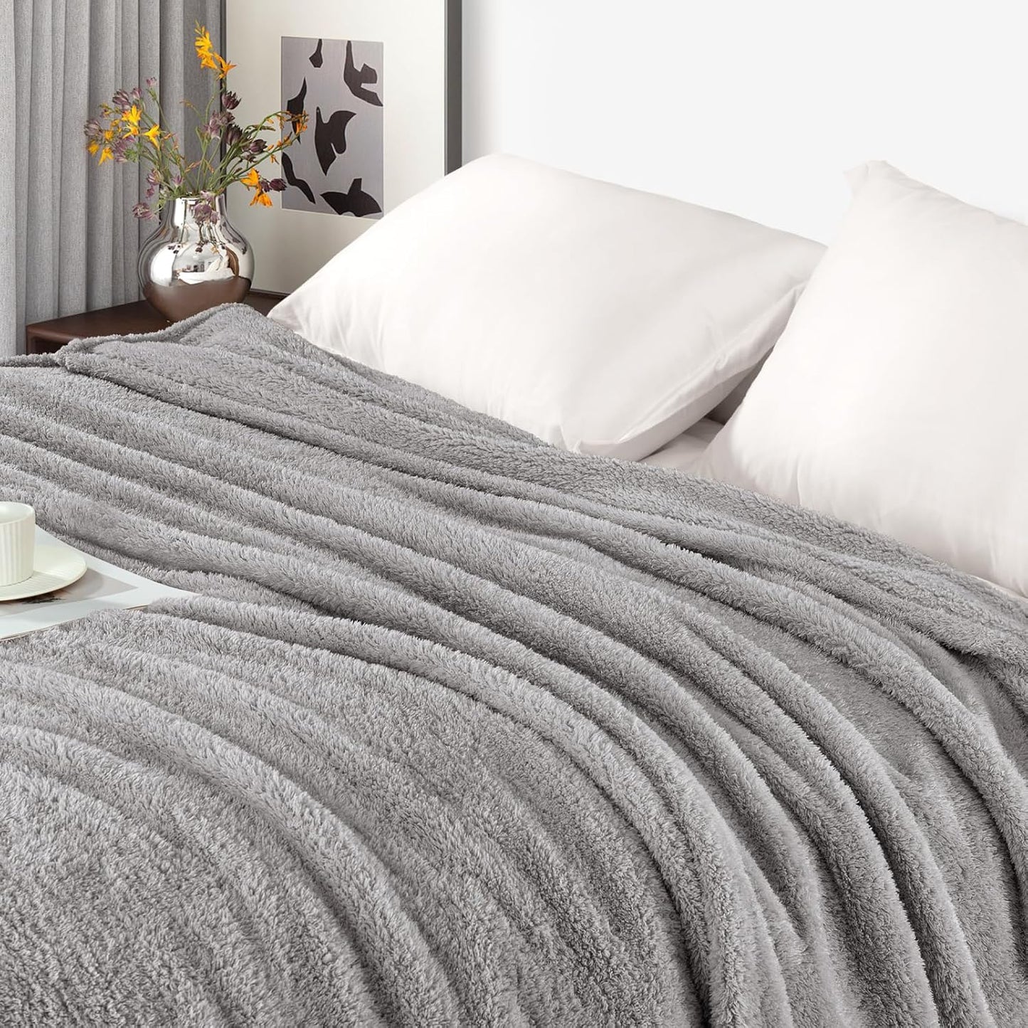 Exclusivo Mezcla Fleece Throw Blanket for Couch Sofa, Soft Warm and Fluffy Blankets for Women Men Girls Kids, Suitable for All Seasons, Light Grey, 50x60 Inches