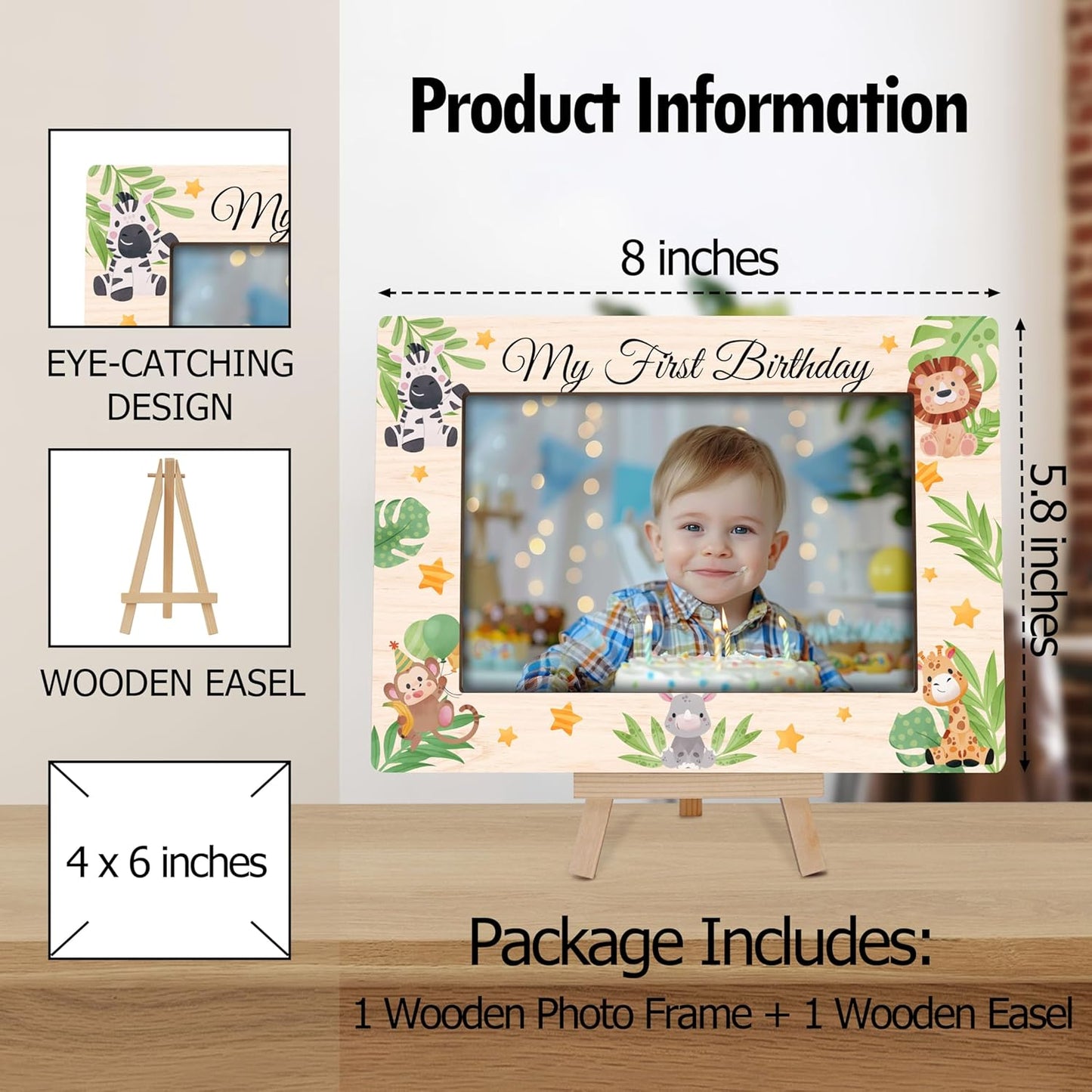 My 1st Birthday Picture Frames, Jungle Animal Wooden 4x6 Photo Frame with Easel, Baby First Year Birthday Gifts for Home Office Tabletop Display Decorations - G04