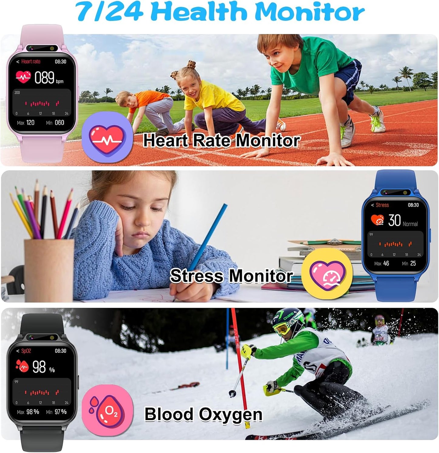 Smart Watch for Kids, 1.85" Fitness Tracker with Heart Rate, Sleep Monitor, IP68 Waterproof Smartwatches with Video Music, Pedometer, Game, NO APP/Phone, Gift for Boys Girls. (Classic, Silver)