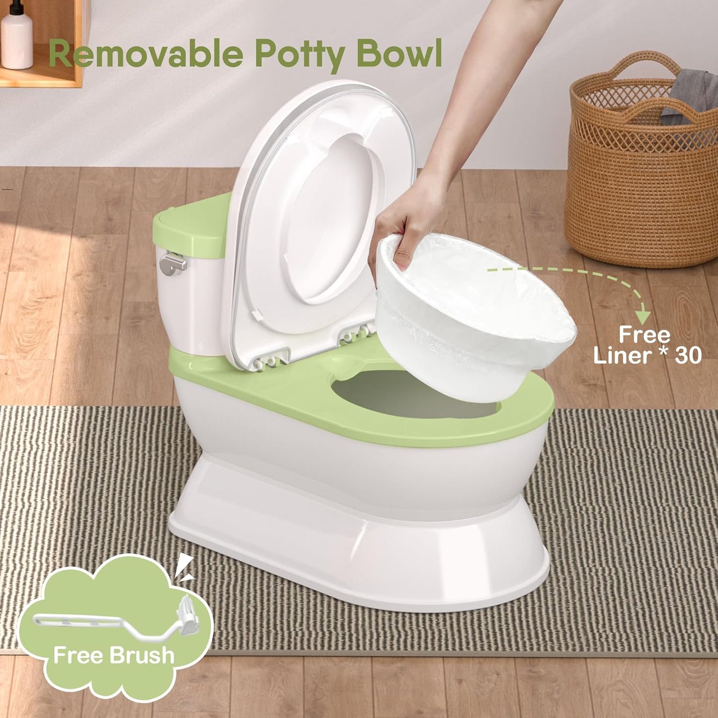 2-in-1 Toddler Potty Training Toilet - Larger Potty Chair & Detachable Training Seat for Boys & Girls Ages 1-3 with Flushing Sound, Wipes Storage, Toilet Paper Holder - Green
