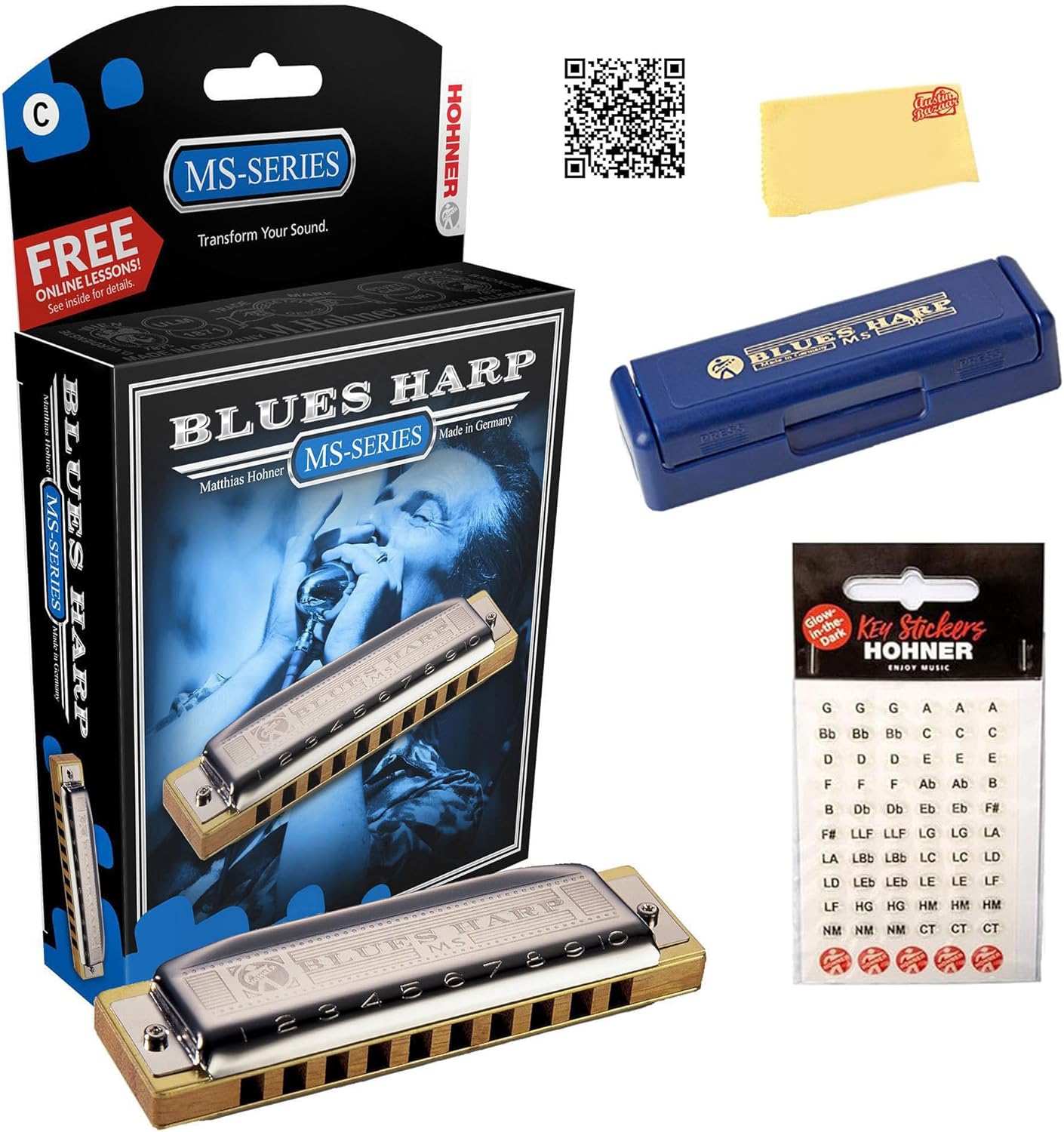 Hohner Harmonica 532 Blues Harp MS - Key of D Bundle with Case, Key Stickers, Harmonica Beginner Online Manual, and Austin Bazaar Polishing Cloth