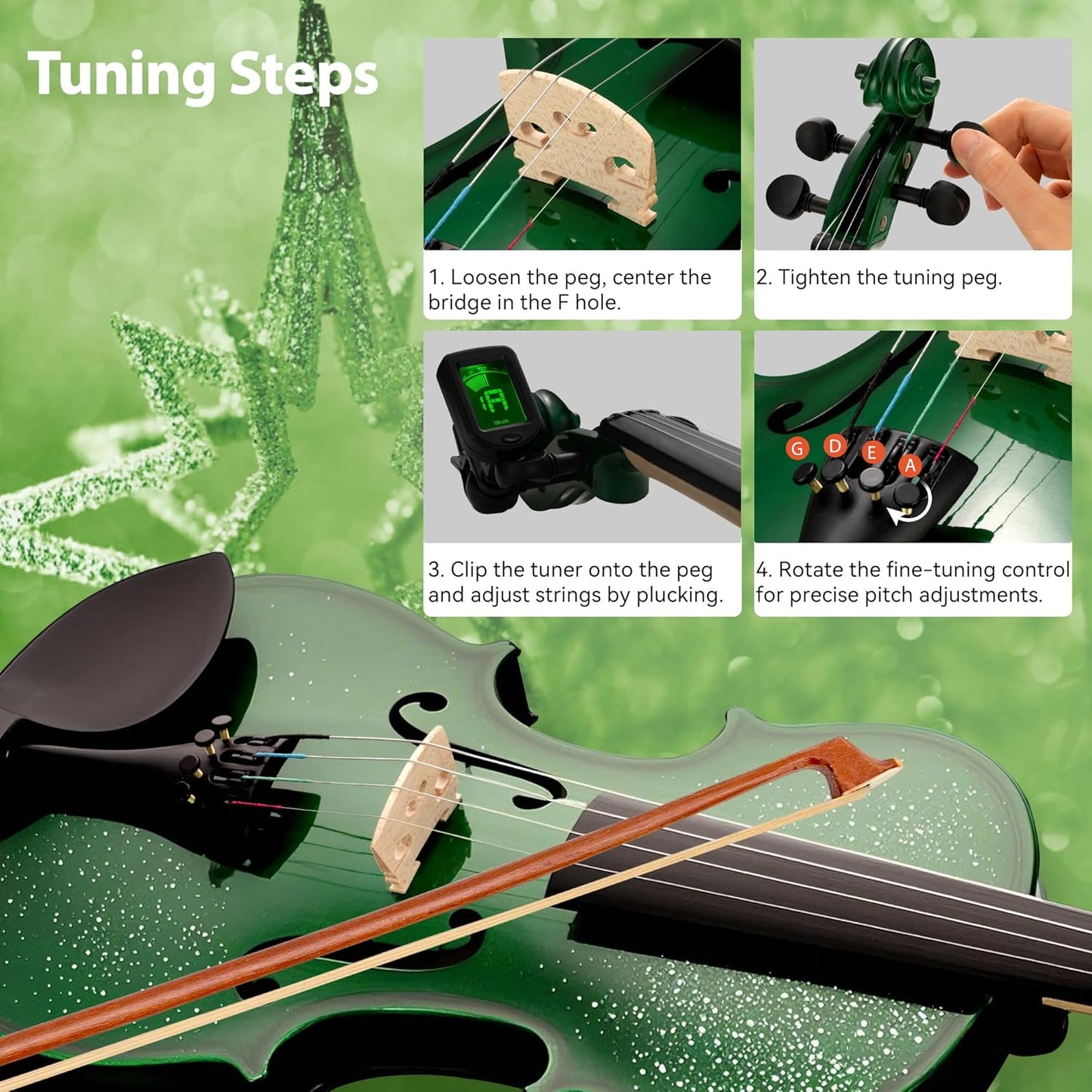 Poseidon Violin for Beginner, Full Size Violin Set for Kids Student with Hard Case, Extra 4/4 Strings Set, Violin Bow, Horse Bridges, Rosin, Shoulder Rest, Clip-on Tuner, Manual - Green Glossy
