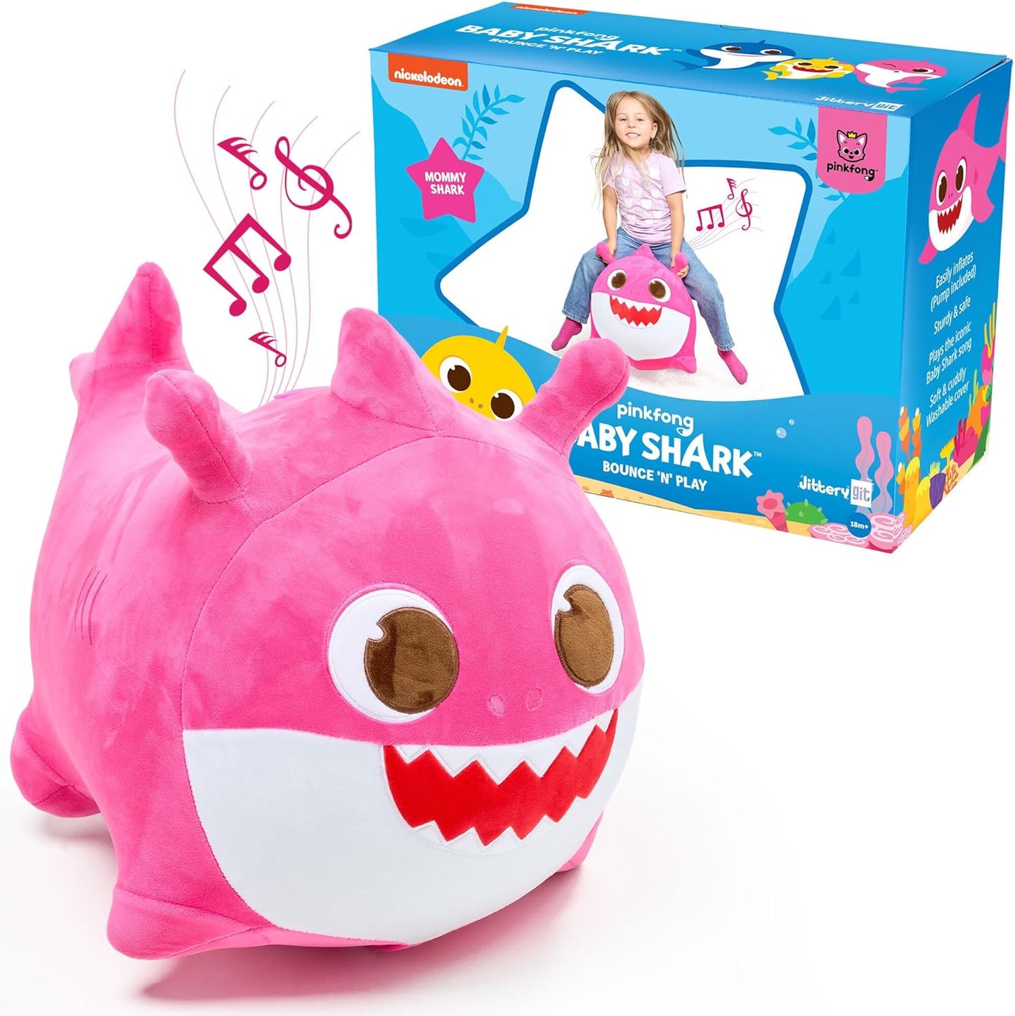 JITTERYGIT Baby Shark Bouncy Hopper - Musical Plush Toy for Kids and Toddlers - Mommy Shark (Pink)