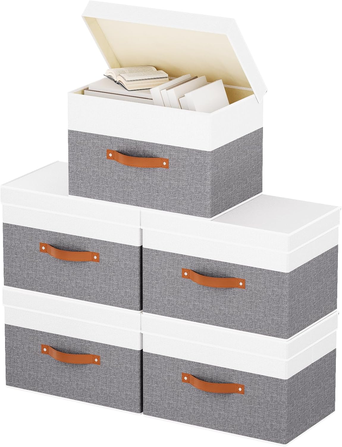 Fabric Storage Boxes with Lids, Linen Foldable Cloth Baskets, Closet Organizer Containers with Double Handles, Sweater Bins for Bedroom, White and Grey, 5 Pack, 13 x 9.1 x 7.9 Inch
