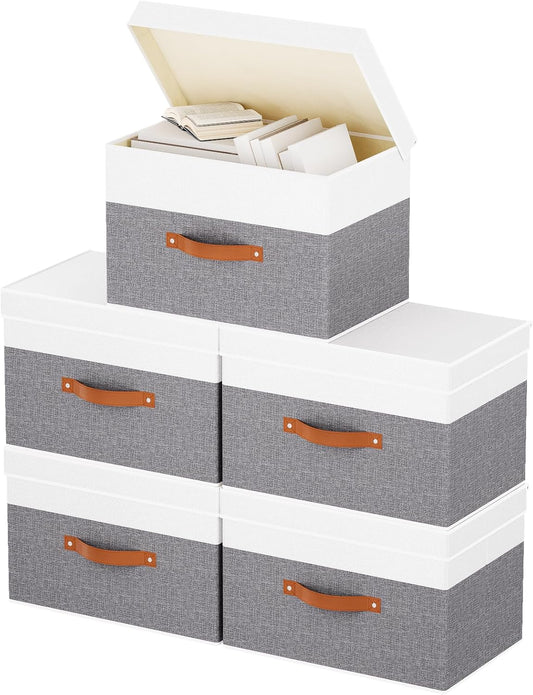 Fabric Storage Boxes with Lids, Linen Foldable Cloth Baskets, Closet Organizer Containers with Double Handles, Sweater Bins for Bedroom, White and Grey, 5 Pack, 13 x 9.1 x 7.9 Inch