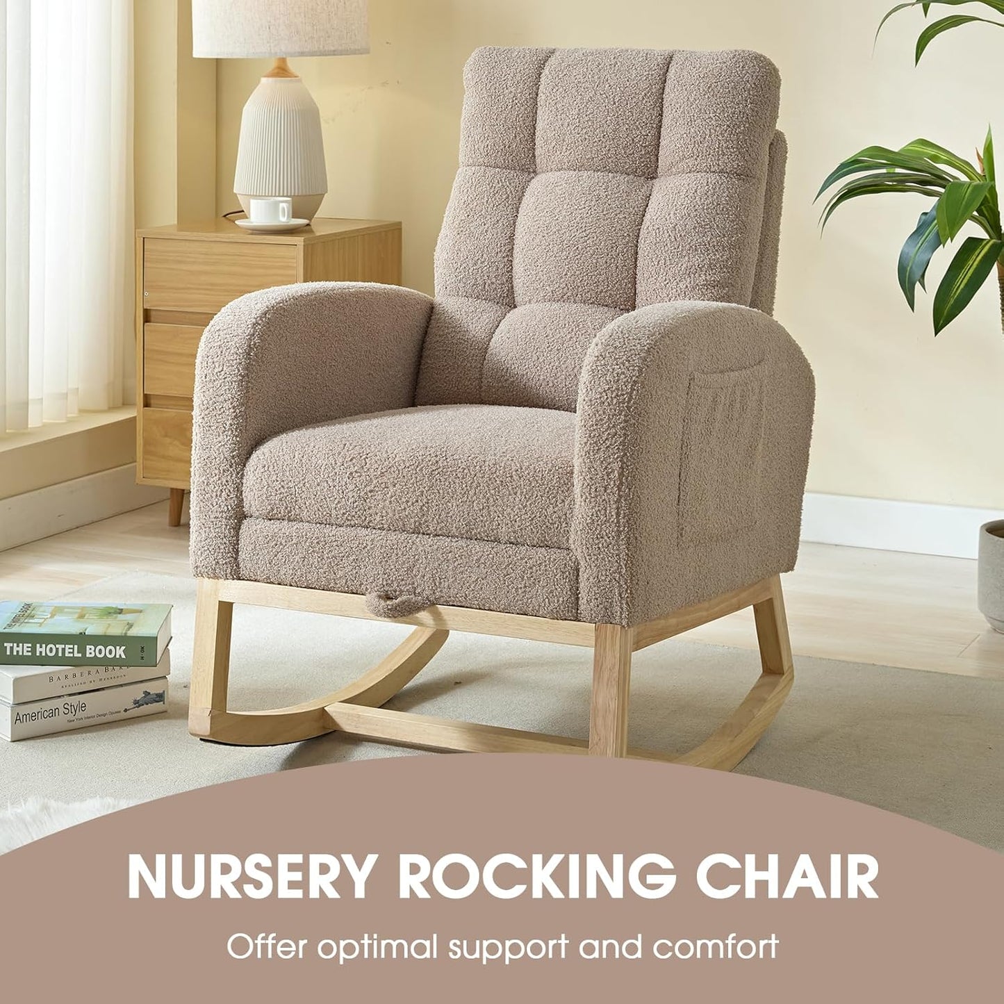 NIOIIKIT Modern Nursery Rocking Chair, Teddy Upholstered Rocking Chair with Footrest, Comfortable Rocker Chair with Side Pocket, Rocker Chair for Living Room, Bedroom, Nursing Room (Brown)