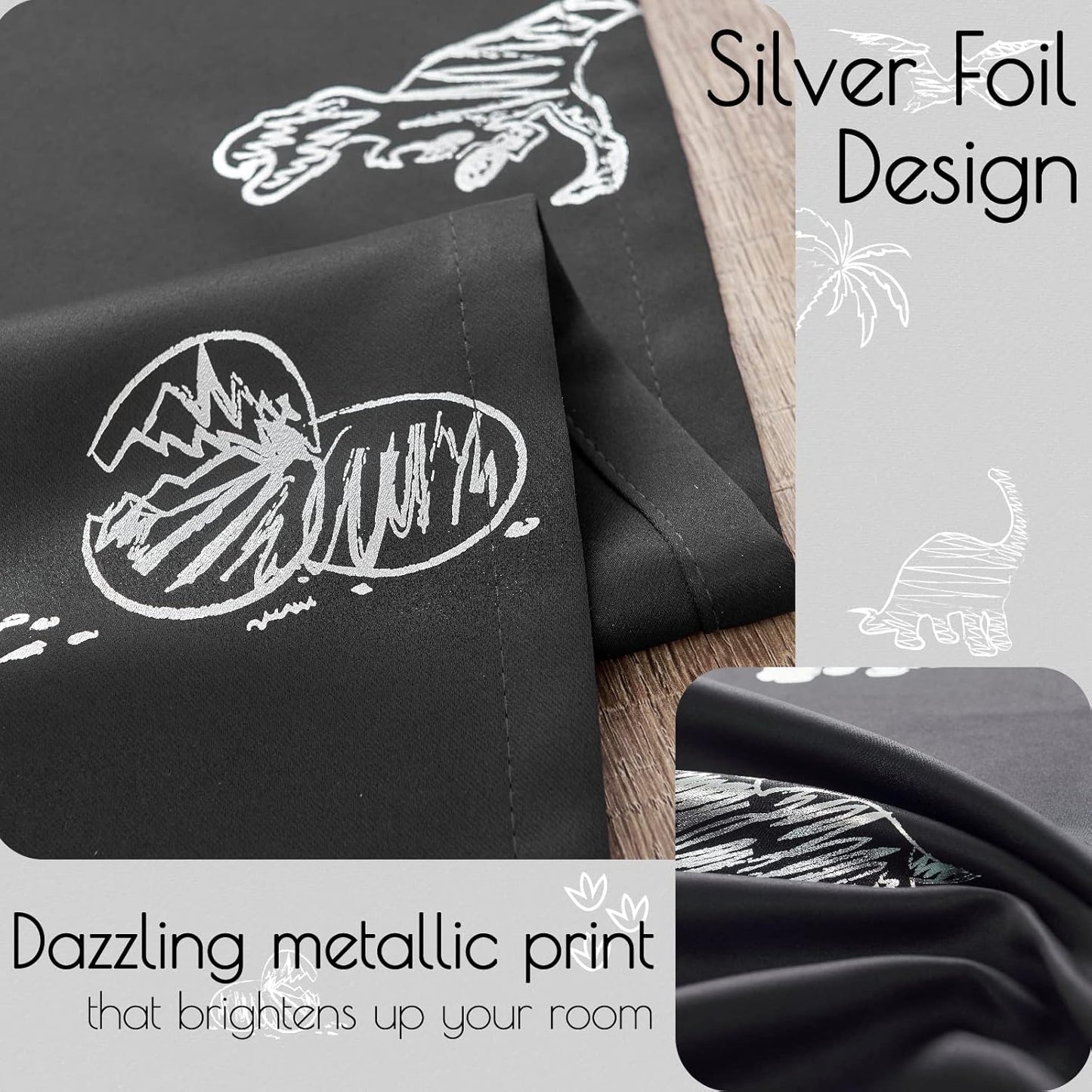 Vangao Kids Curtains Black Blackout Dinosaur Curtains for Boys Kids Nursery Girls Room Silver Dino Foil Print Thermal Insulated Drapes Grommet Top Window Treatments 63 Inches Length 2 Panels