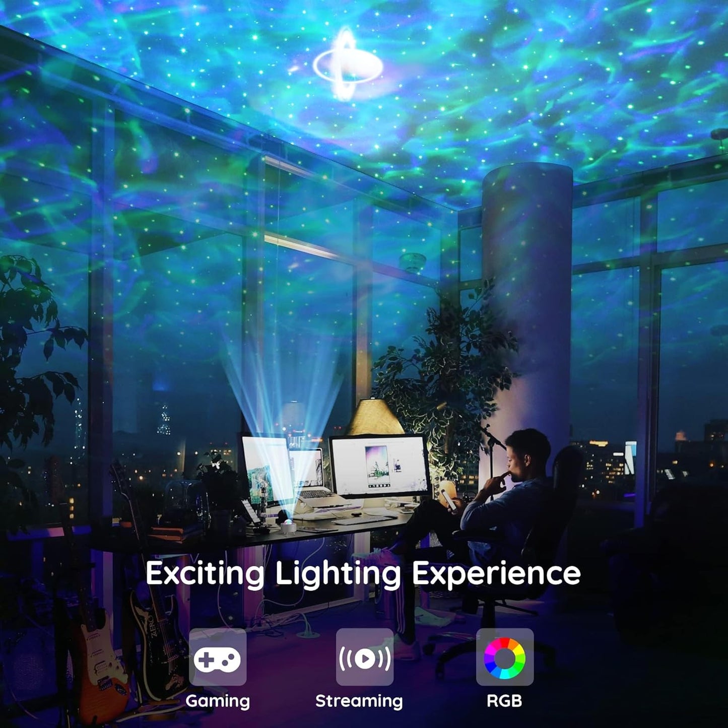 Lumoonosity Ocean Wave Projector – Water Light Projector for Bedroom, Kids Room Decor – Ocean Galaxy Night Light with Speaker - Starry Light with 9 Planet, Star, Water Wave Effect