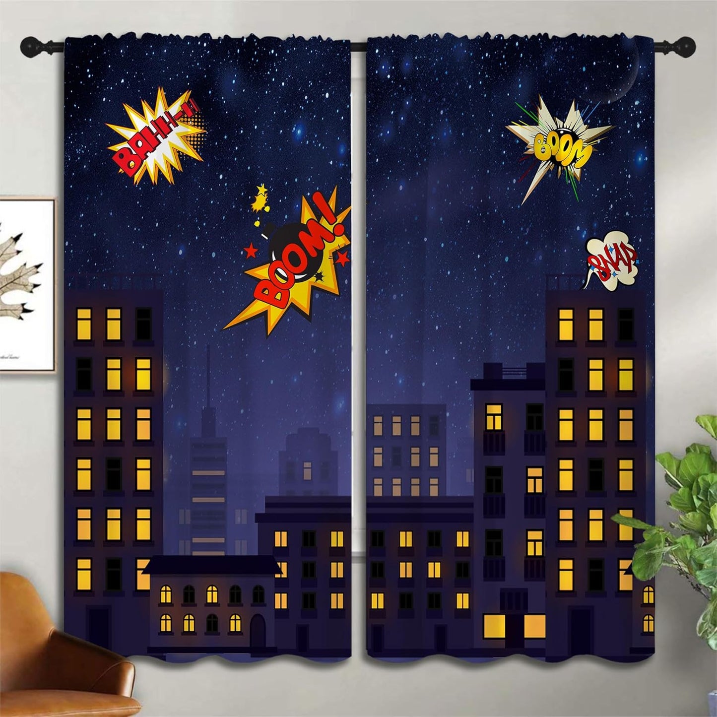 Super Hero Rod Pocket Blackout Curtains for Boy Girl Bedroom, Exploding City Starry Cartoon Skyline Home Energy Efficient Light Filtering Window Curtain for Living Room, 63x63 inch