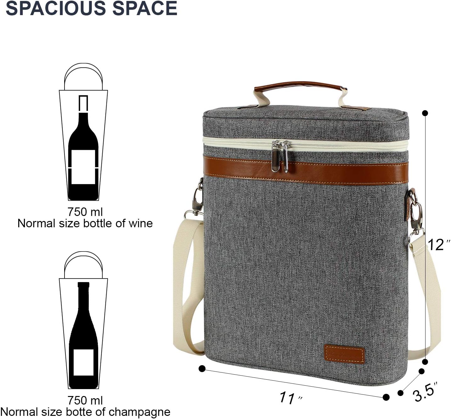 3 Bottle Insulated Wine Tote Carrier Bag, Portable Travel Padded Wine Cooler - Corkscrew Opener, Handle and Adjustable Shoulder Strap, Wine Lover Travel Picnic Party Wedding Wine Tote Grey