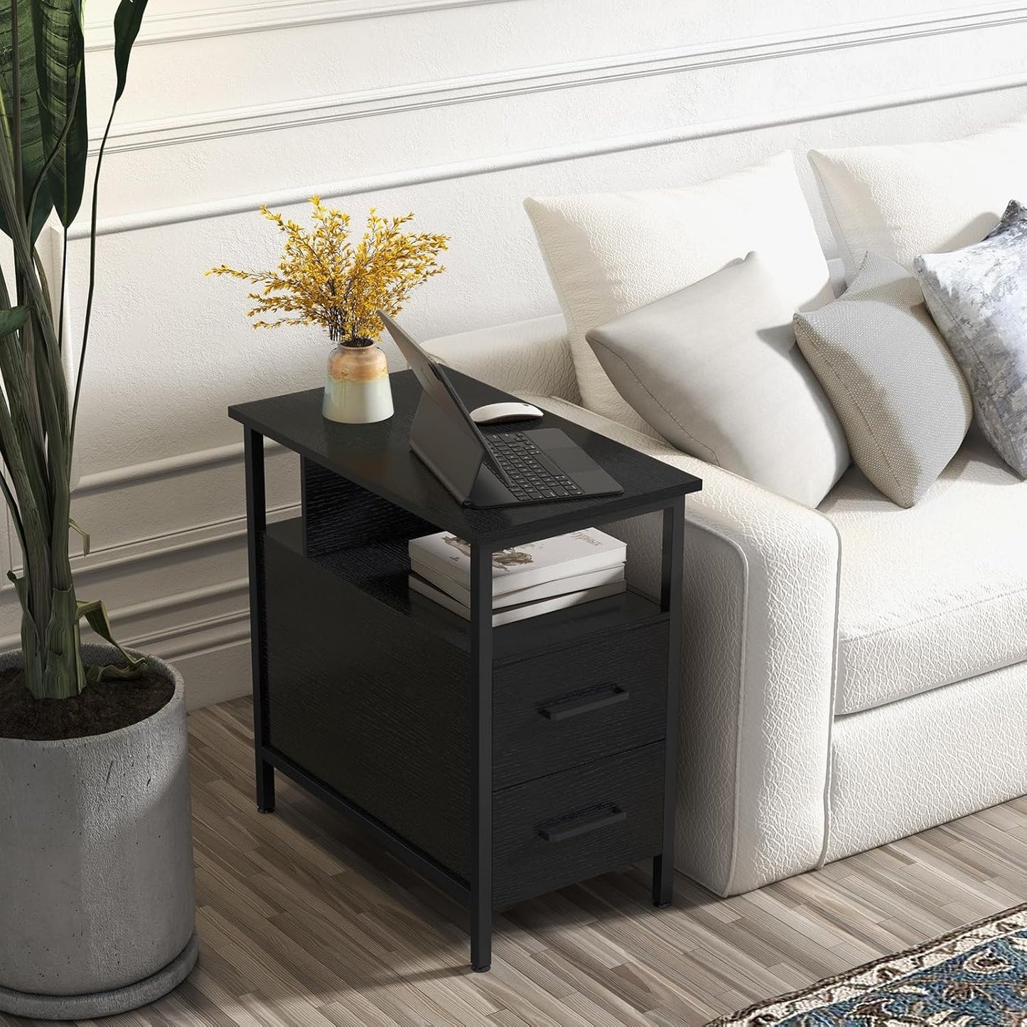 Black Side Tables, End Table with Charging Station, Narrow End Table with 2 Wooden Drawers, USB Ports and Power Outlets, Slim Nightstand and Bedside Table, End Tables Living Room, Bedroom