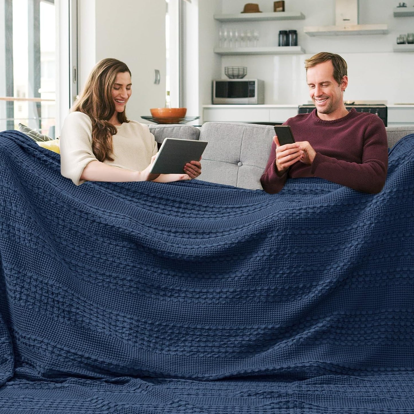 PHF 100% Cotton Waffle Blanket Oversized King 120"x120", Lightweight Breathable Extra Large 10'x10' Summer Blankets for Bed, Giant Big Luxury Aesthetic Woven Bedding for Home Decor, Bright Navy Blue