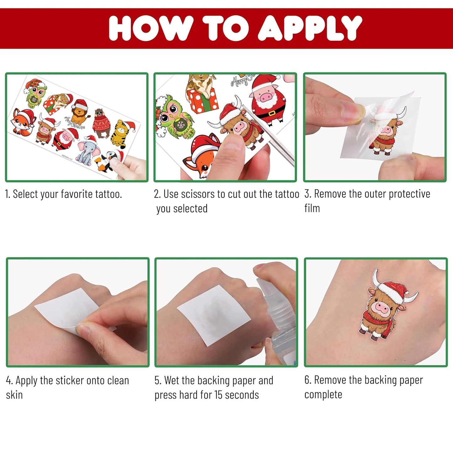 100 PCS Noel Christmas Animal Temporary Tattoos Sticker Jungle Birthday Christmas Party Decorations Supplies Favors Gifts Boys Girls Safari Zoo Cute Fake Tattoo School Reward Themed Santa Claus Xmas