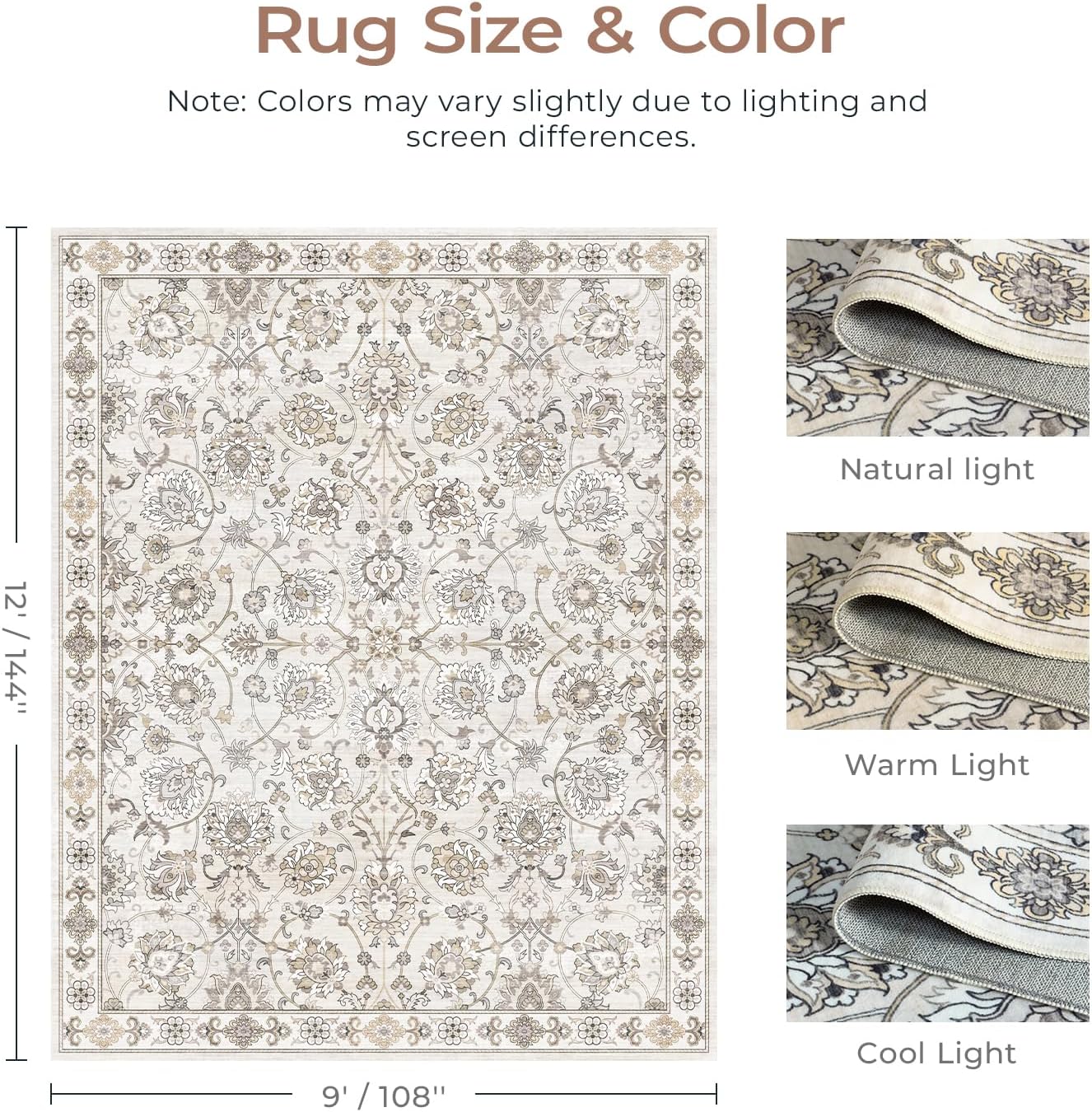 9x12 Neutral Area Rug for Living Room, Washable Large Rugs, Vintage Floral Soft Carpet, Non Slip & Low Pile, Wool Carpets for Indoor Bedroom Dining Home Playroom Office Under Table, Beige