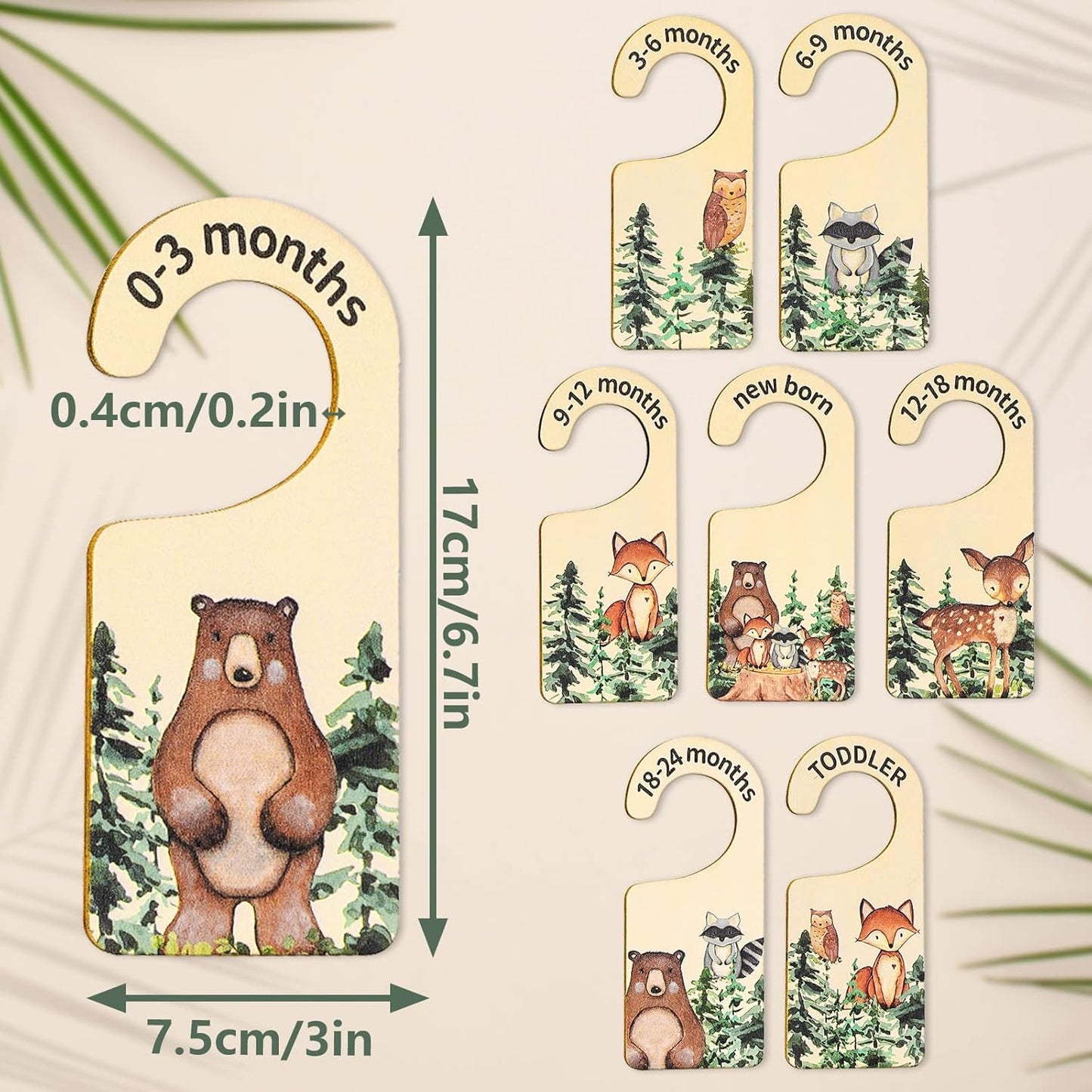 Whaline 8Pcs Woodland Design Hanging Wooden Baby Closet Size Dividers and Organizer - Newborn to 24 Months - Thicken Wardrobe Organizer for Home Nursery Clothes Decor