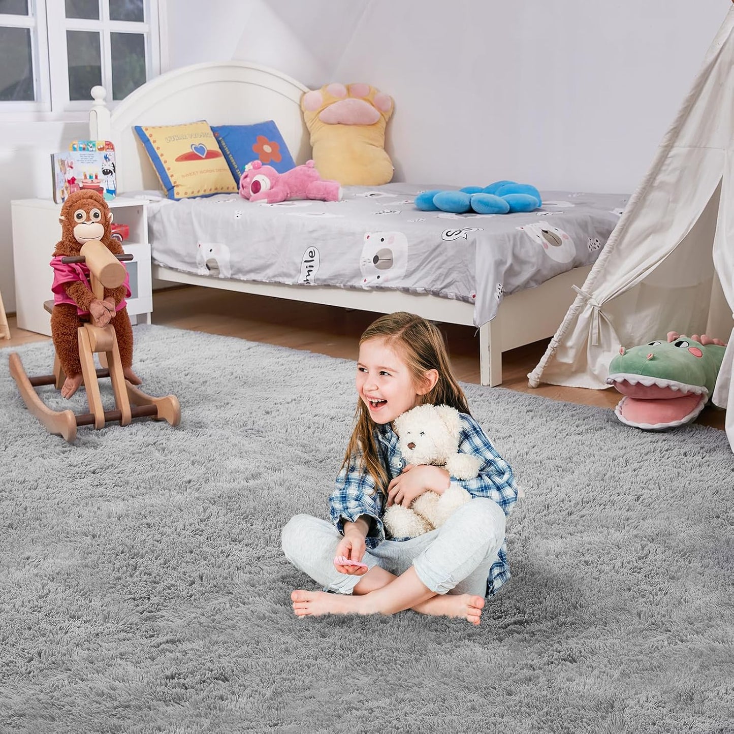 Ultra Soft Rug for Living Room, 5X8 Fluffy Shag Area Rug for Bedroom, Modern Shaggy Carpet Fuzzy Rug for Teens Dorm Nursery Home Decor Aesthetic, Upgrade Anti-Skid Durable, Light Grey