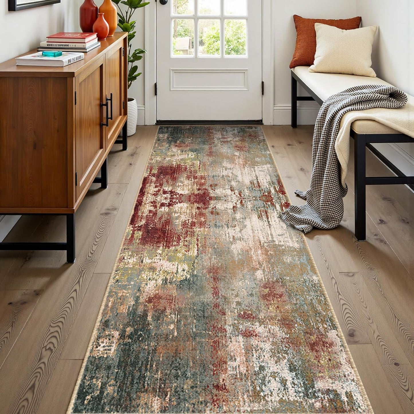 Washable Area Rugs 2'x8' Non-Slip Modern Abstract Soft for Living Room Entryway Bedroom Nursery, Print Pattern, Brown Rust Red Multi