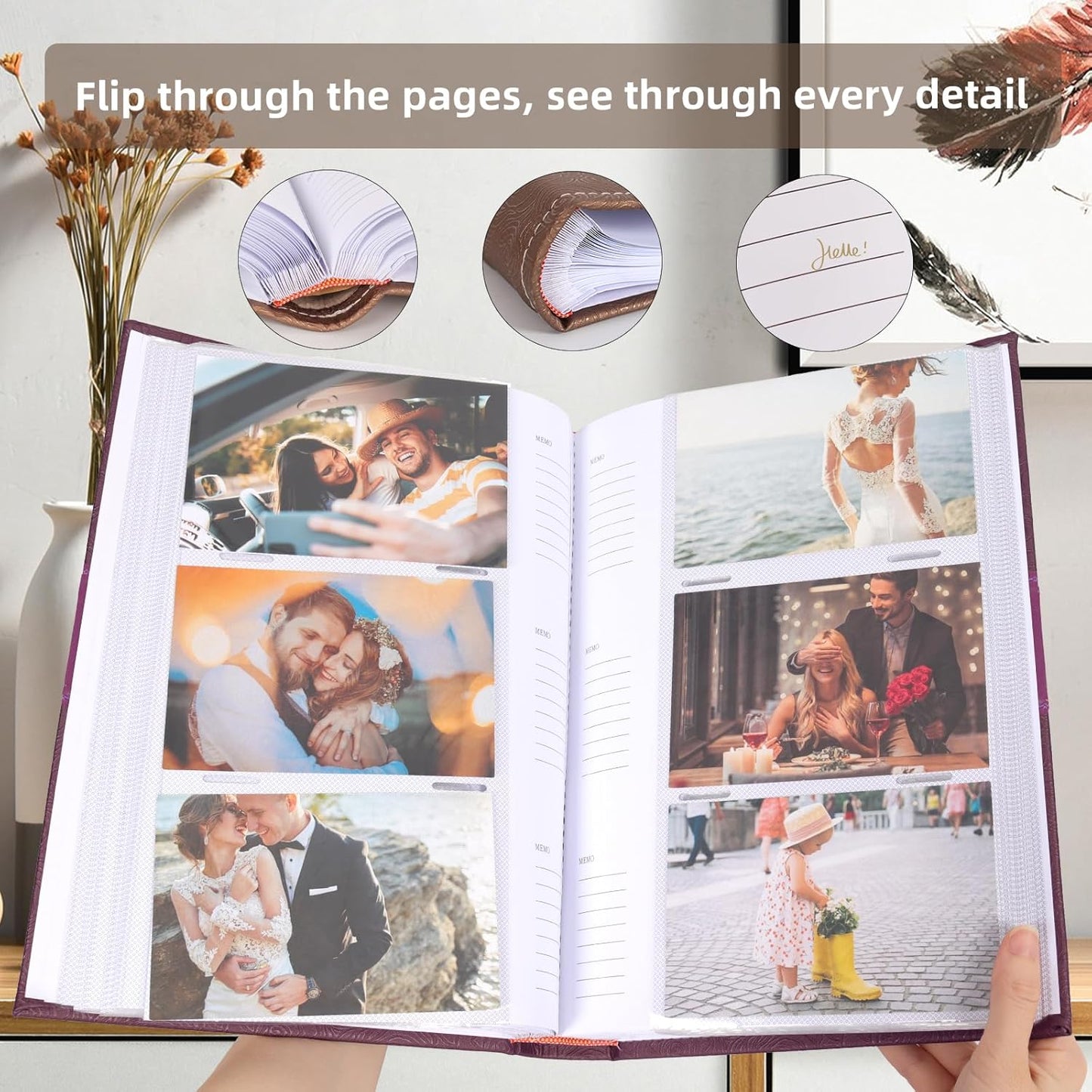 RECUTMS Photo Album with Writing Space 4x6 300 Pockets Photo Book,Leather Cover Picture Album with Memo Areas for Wedding Anniversary Family Baby Couple Valentines Graduation Travel (Purple)