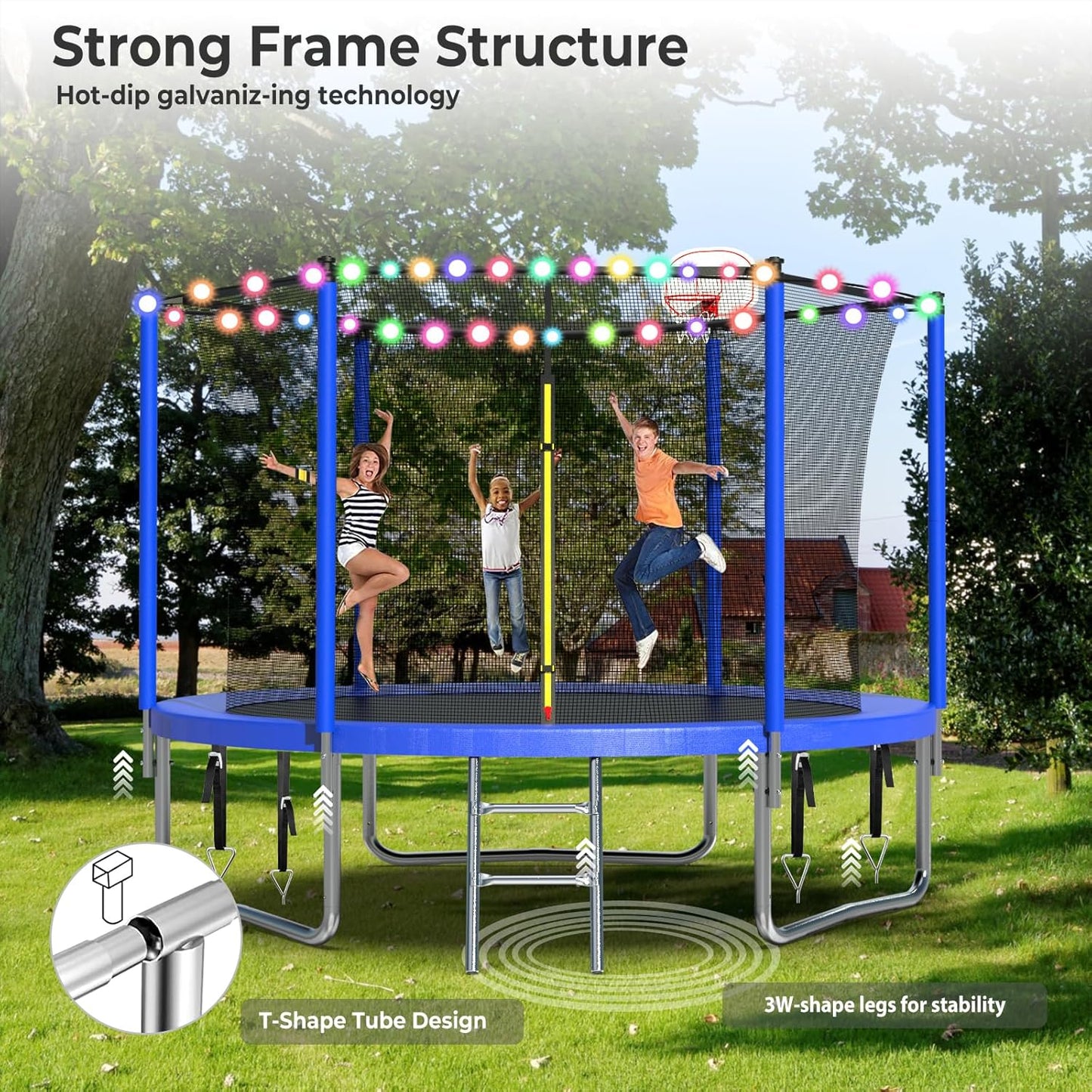 Upgraded 10/12/14/15/16FT Trampoline Outdoor, Large Kids Trampoline with Light, Stakes, Sprinkler, Backyard Trampoline with Basketball Hoop and Net, Capacity for 4-6 Kids and Adults