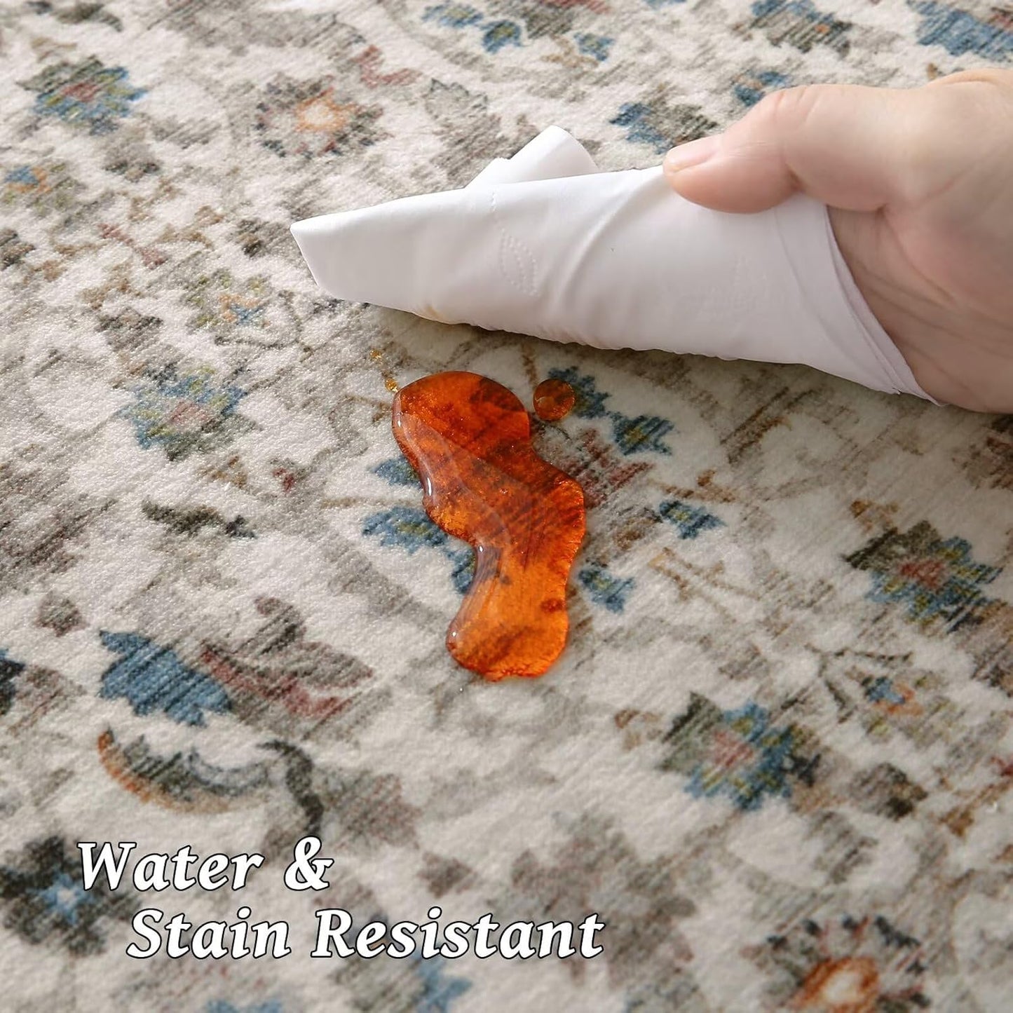 Washable 6x9 Area Rugs for Living Room, Boho Non-Slip Silicone Backing Large Rugs for Bedroom Dining Room Nursery Office, 0.3" Neutral Oriental Throw Carpet with 0.16" Cushioning Pad, Cream/Multi