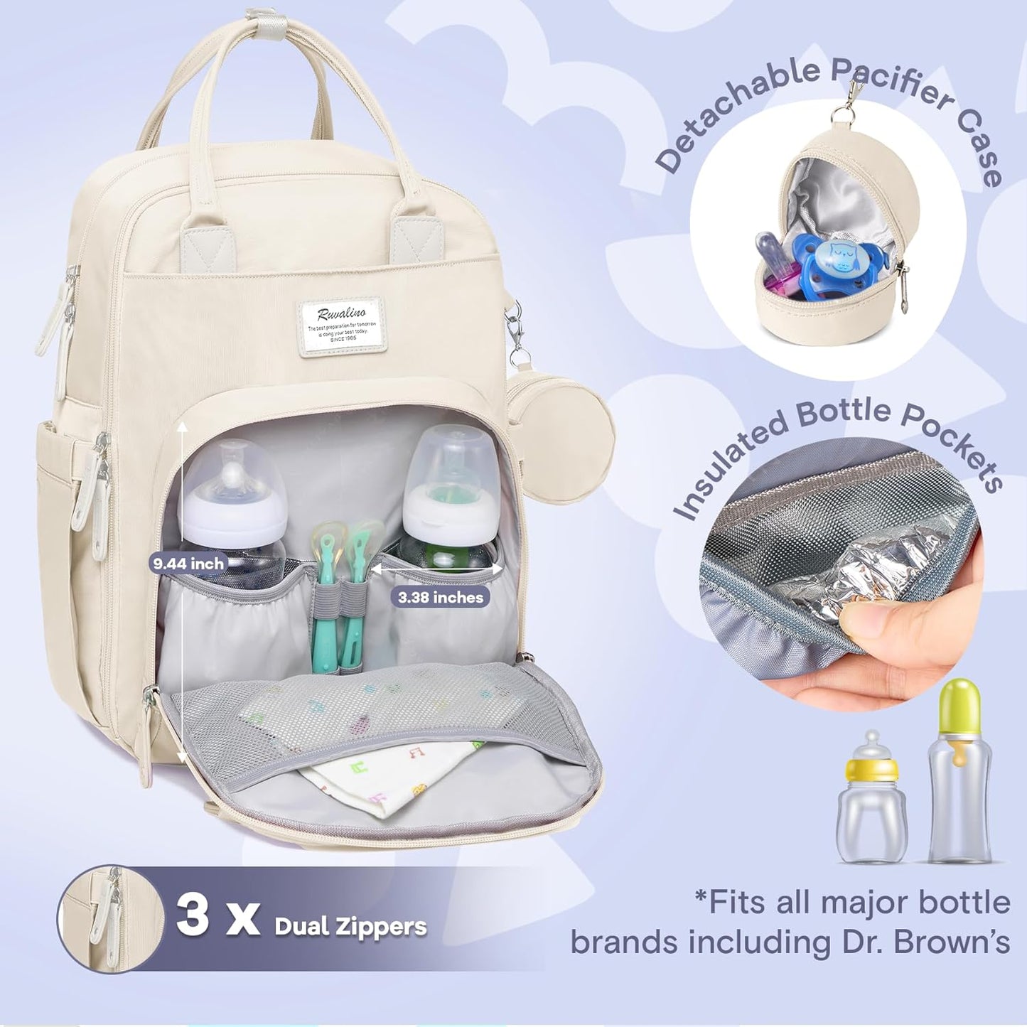 RUVALINO Diaper Bag Backpack-Multifunction Baby Travel Bag with Changing pad, Insulated Bottle Holders & Pacifier Case, Large Capacity, Waterproof, Beige