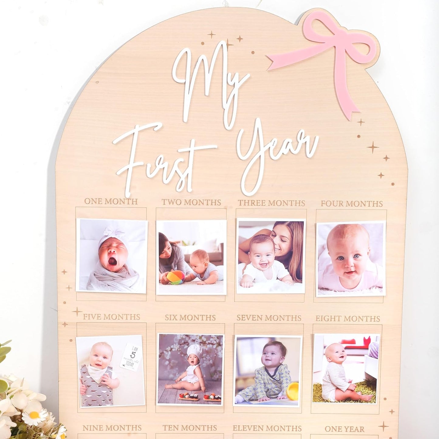 WAUAO Bow My First Year Birthday Board - One Year Of Photo Board,Monthly Milestone Wood Photo Board,First Birthday Decorations Girl,12 Months Photo Banner