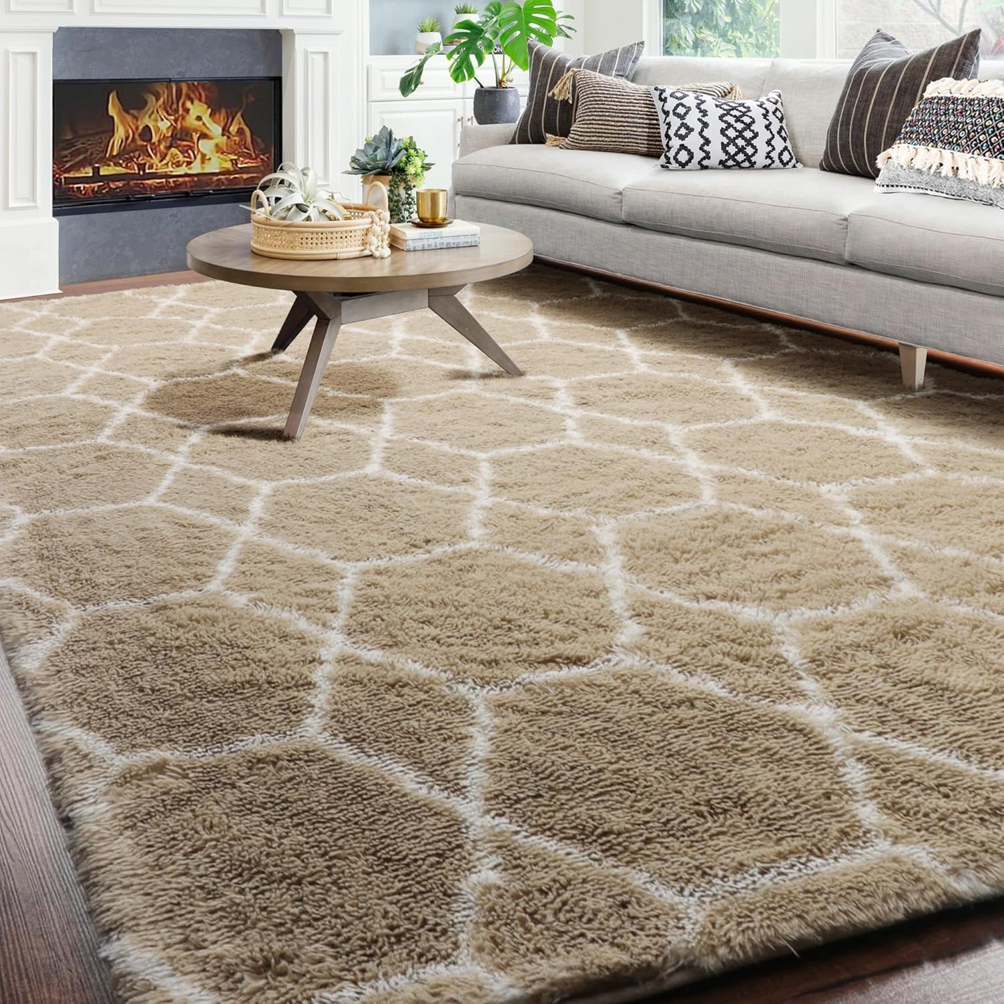 ONASAR Large Area Rugs for Living Room, Fluffy 7x10 Beige and White Thick Floor Rug for Bedroom Home Decor Aesthetic, Soft Fuzzy Shaggy Plush Geometric Carpet for Kids Teen Dorm Classroom Office