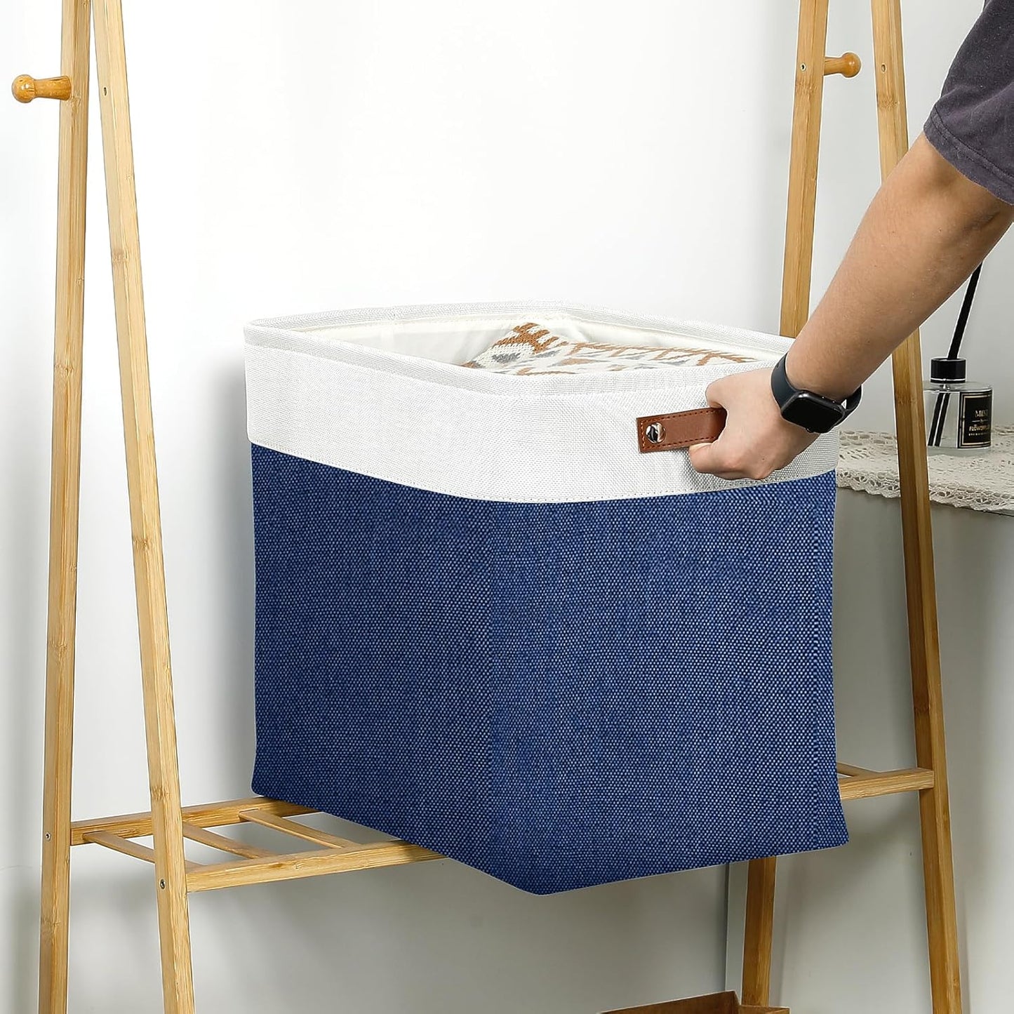 DULLEMELO 51L Large Baskets for Storage, Large Rectangular Baskets for Shelves [3 Pack], Blanket Basket Dog Toy Basket for Organizing Closet, Nursery, Clothes,Toys (White&Blue)