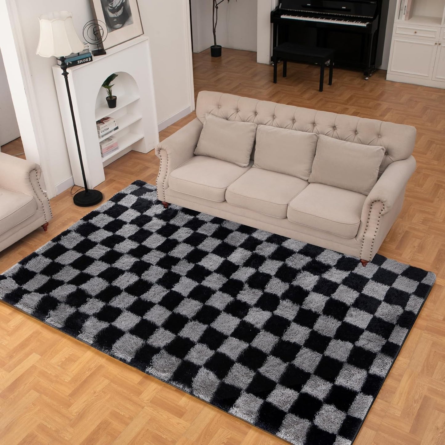 Super Soft Rug for Bedroom, 4x6 Ft Grey and Black Area Rug Classic Checkered Shaggy Rug Anti-Skid High Pile Soft Fluffy Fuzzy Carpet for Living Room Bedroom Kids Room Nursery, Dorm Home Decor