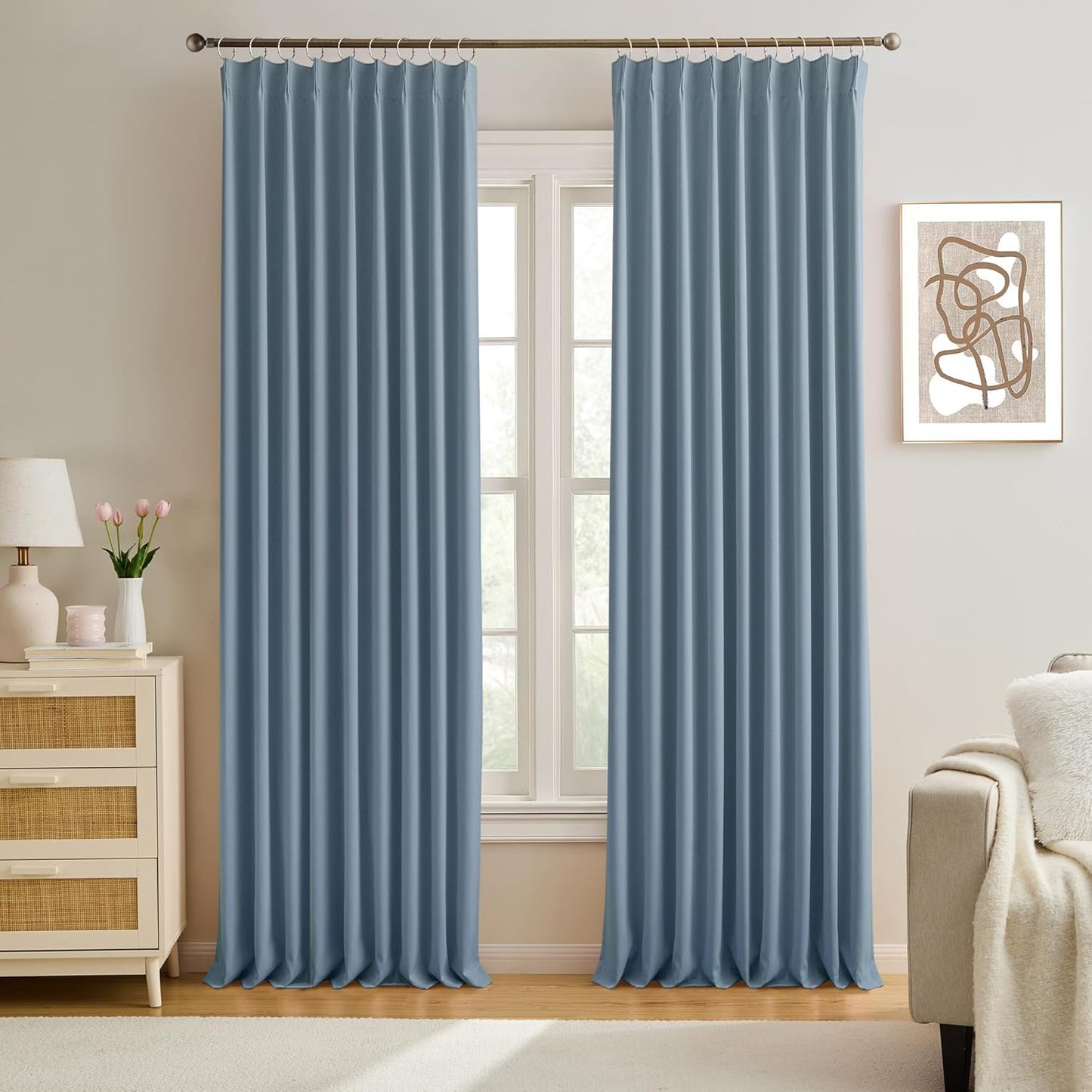 KEQIAOSUOCAI 2 PCs Dusty Blue Pleat Wide Drapes for Sliding Glass Door 60 Wide x 105 Inch Long, Privacy Light Block Noise Reduce Insulated Ceiling to Floor for Locker Room Basement Bedroom Closet