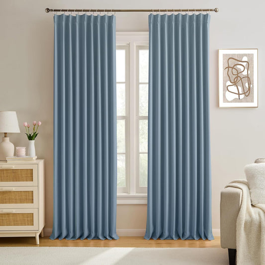 KEQIAOSUOCAI 2 PCs Dusty Blue Pleat Wide Drapes for Sliding Glass Door 60 Wide x 105 Inch Long, Privacy Light Block Noise Reduce Insulated Ceiling to Floor for Locker Room Basement Bedroom Closet