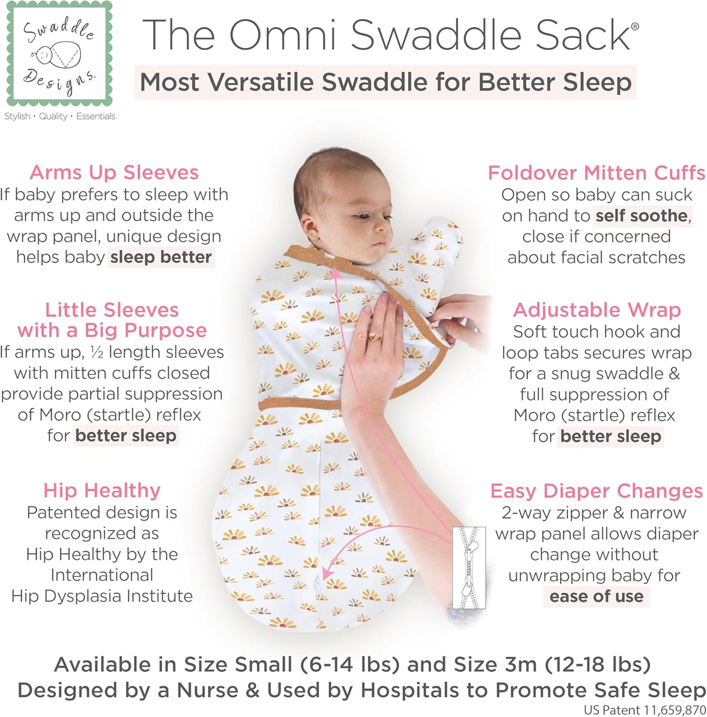 SwaddleDesigns 6-Way Omni Swaddle Sack Arms Up Swaddle for Newborn, More Options to Calm Startle Reflex, Improves Sleep