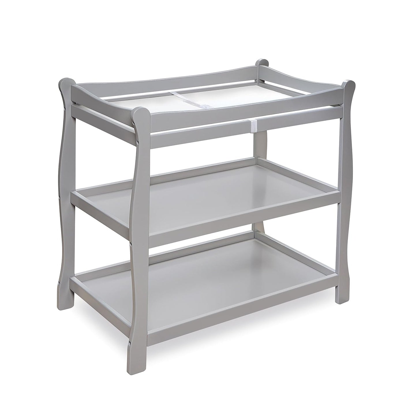 Badger Basket Sleigh Style Baby Changing Table - Nursery Diaper Station with Safety Rails, Foam Pad, and Two Storage Shelves - Nursery Organizer - Gray