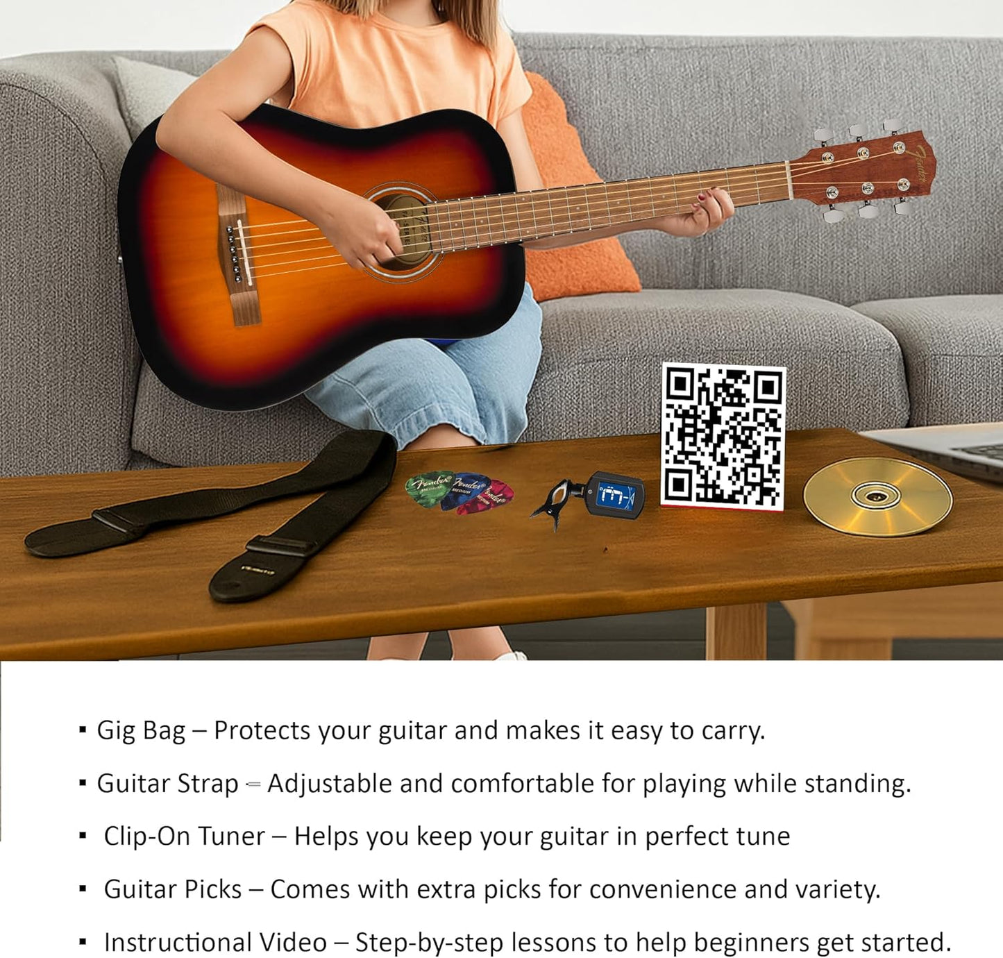 Fender FA-15 3/4-Scale Kids Steel String Acoustic Guitar - Sunburst Learn-to-Play Bundle with Gig Bag, Tuner, Strap, Picks, Fender Play Online Lessons, and Austin Bazaar Instructional DVD
