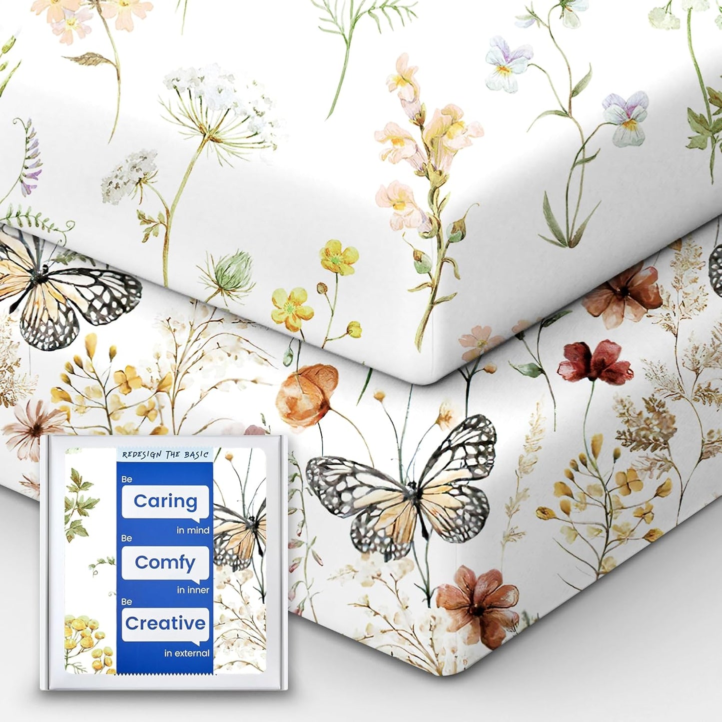 Crib Sheets for Boy Girl, Premium Soft Butterfly Crib Mattress Fitted Sheet, Ultra Breathable Baby Sheets, Super Stretchy Baby Bed Sheets 28''x52''x9'' Extra Deep Pocket, 2 Pack