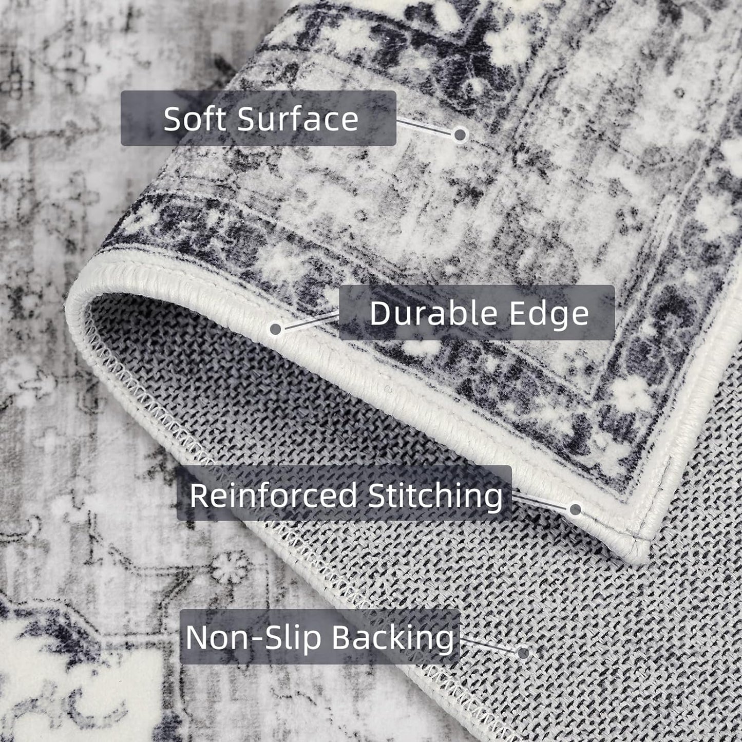 Deerly 5x7 Rug Washable Area Rugs for Living Room, Non Slip 5 x 7 Rug for Bedroom Dining Room, Low-Pile Kid & Pet Friendly Distressed Carpet Print Floor Rug Border Grey/Navy