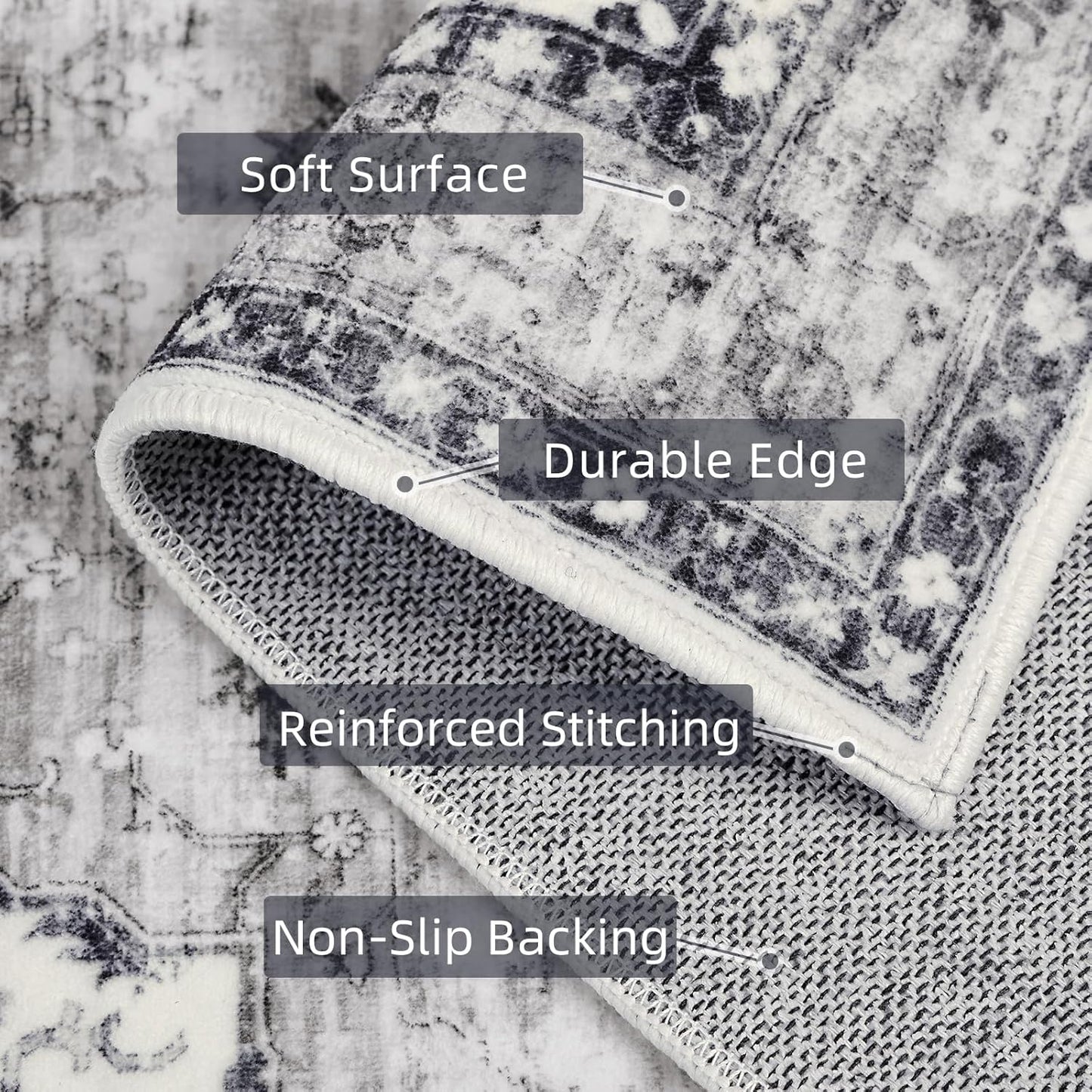 Grey 2x4 Rugs Boho Washable Small Area Rugs for Entryway Bathroom Kitchen, Small Rugs Soft Low Pile Non-Slip Rubber Backing Oriental Door Mat(Border Grey)