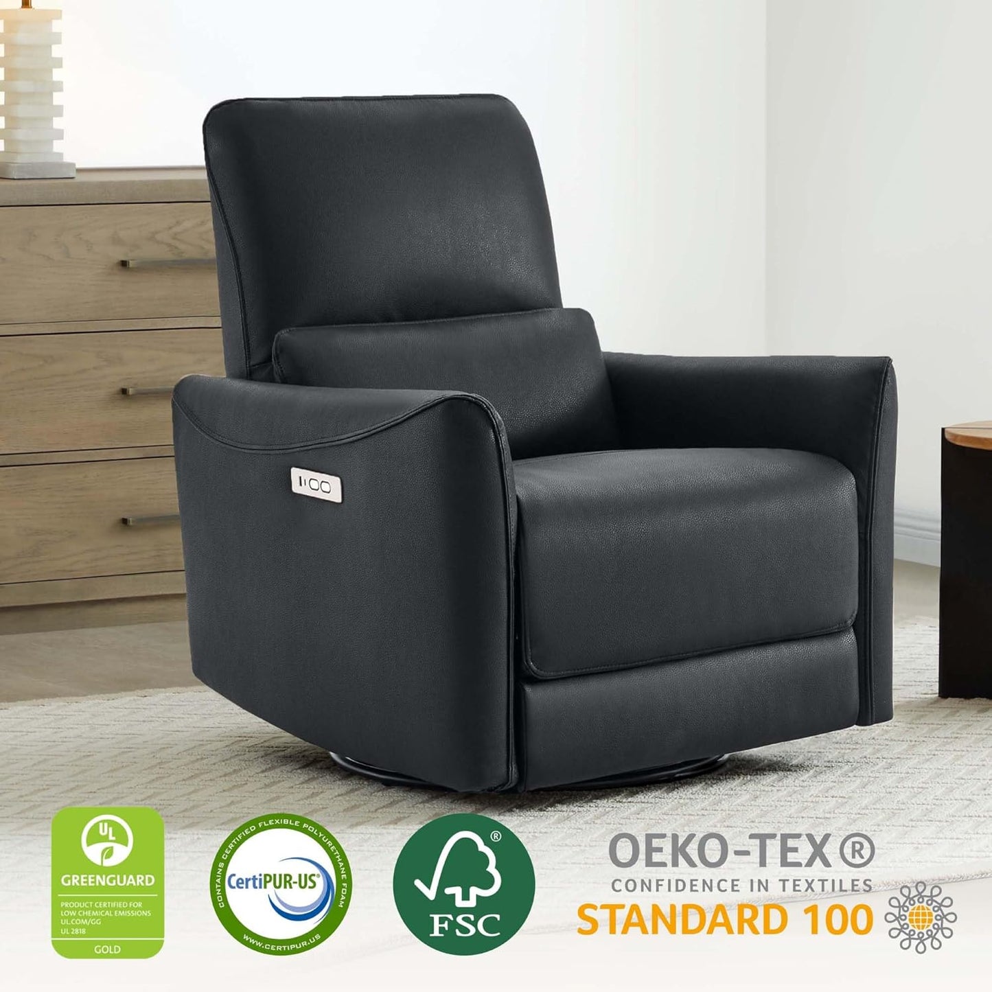 CHITA Power Recliner Chair Swivel Glider, FSC Certified Upholstered Faux Leather Living Room Nursery Reclining Sofa Chair with Lumbar Support, Black