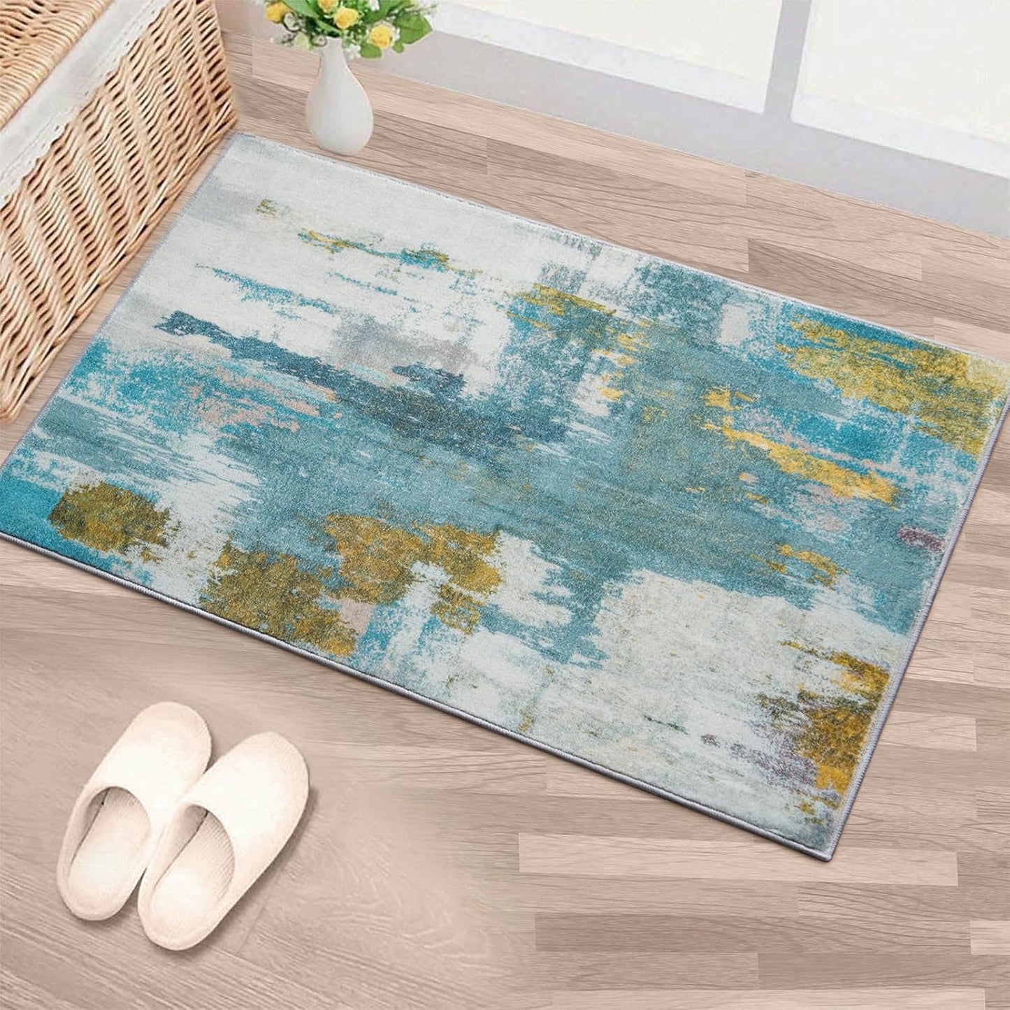 Entryway Rug 2x3 Blue Rug, Washable Abstract Small Rugs Non-Slip Low Pile Throw Rugs for Kitchen Floor, Front Door, Bedroom Bedside